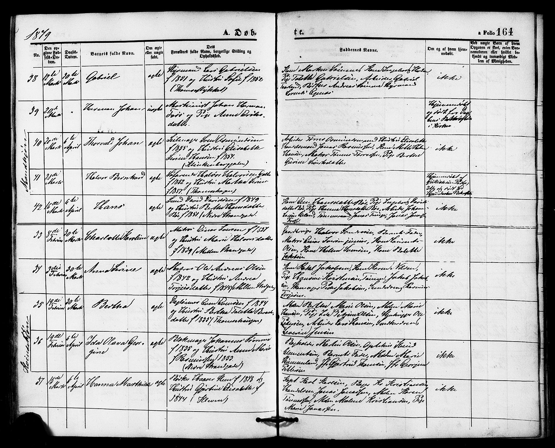 Domkirken sokneprestkontor, AV/SAST-A-101812/001/30/30BB/L0013: Klokkerbok nr. B 13, 1871-1880, s. 164