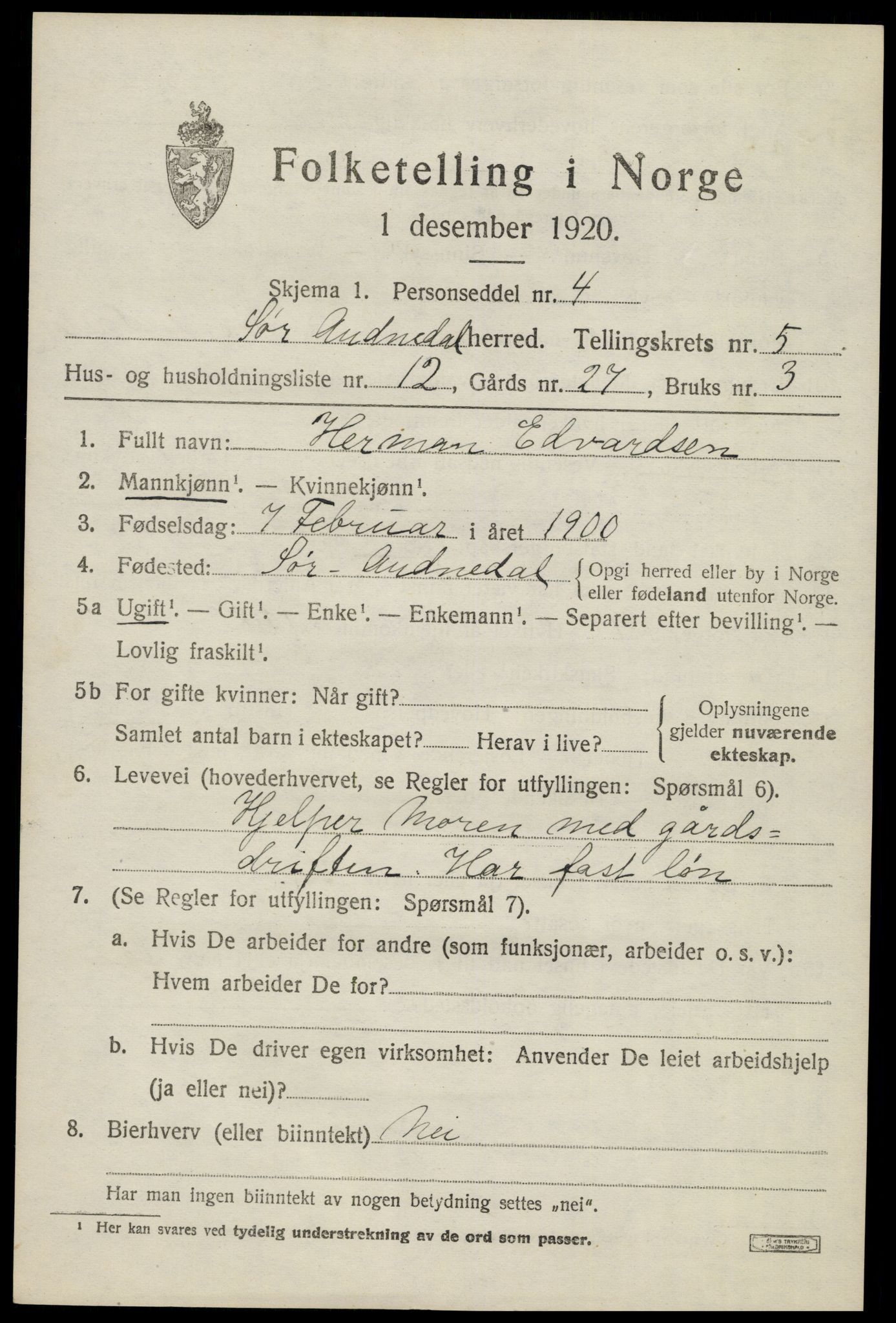SAK, Folketelling 1920 for 1029 Sør-Audnedal herred, 1920, s. 2621