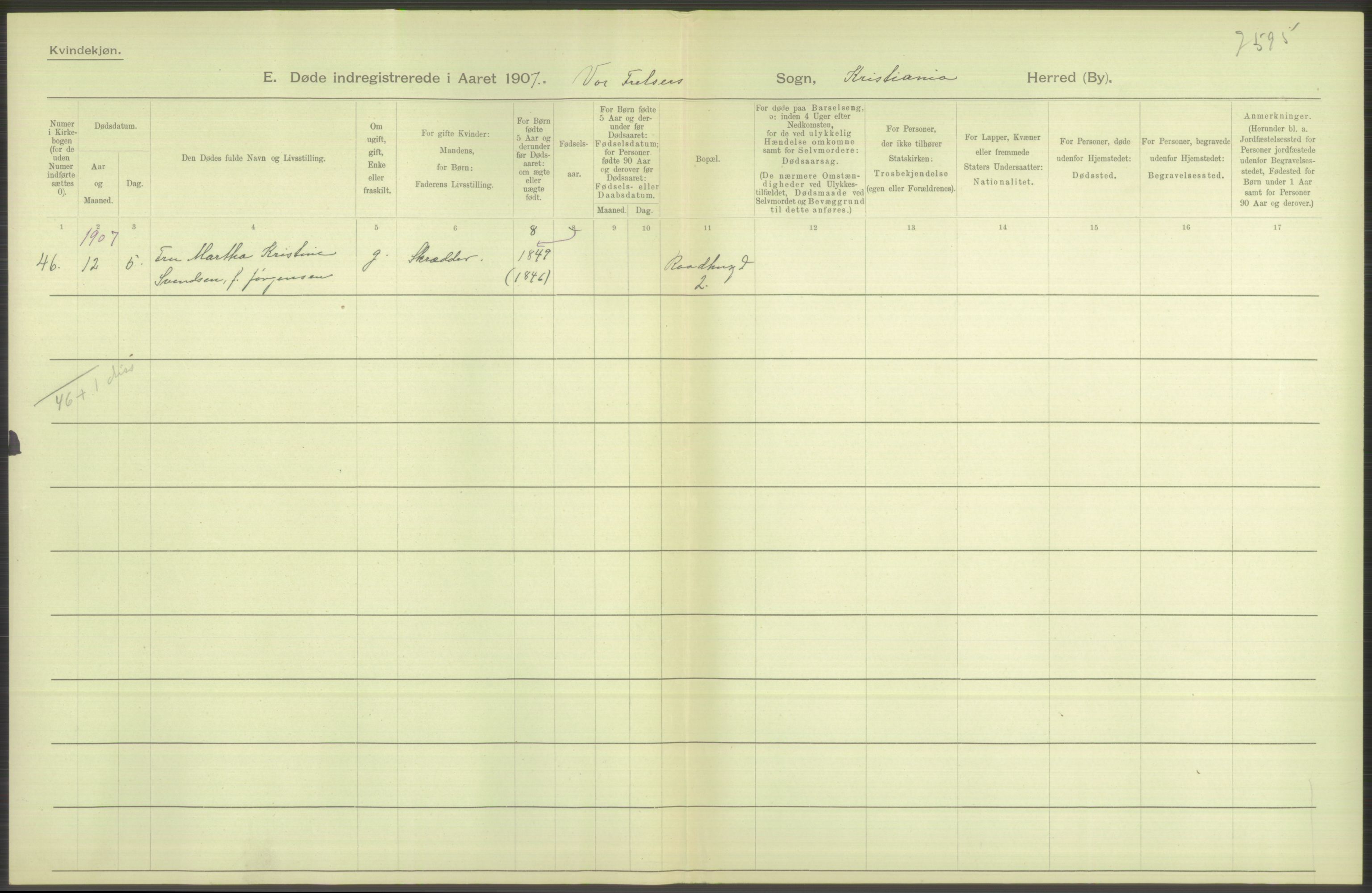 Statistisk sentralbyrå, Sosiodemografiske emner, Befolkning, RA/S-2228/D/Df/Dfa/Dfae/L0009: Kristiania: Døde, 1907, s. 200