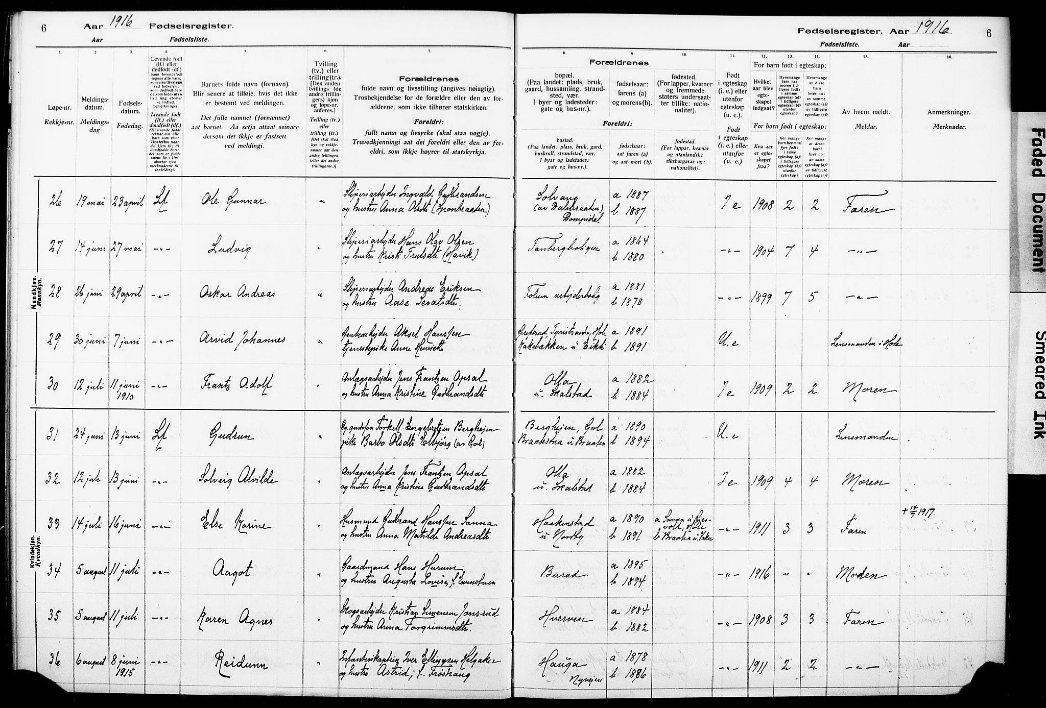 Norderhov kirkebøker, SAKO/A-237/J/Ja/L0001: Fødselsregister nr. 1, 1916-1930, s. 6