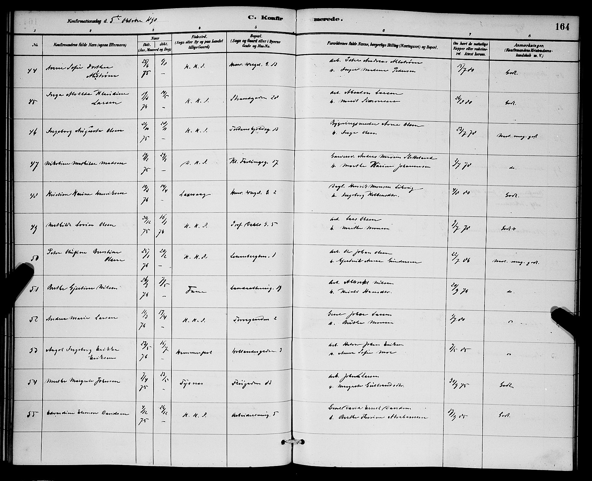 Korskirken sokneprestembete, SAB/A-76101/H/Hab: Klokkerbok nr. C 3, 1880-1892, s. 164