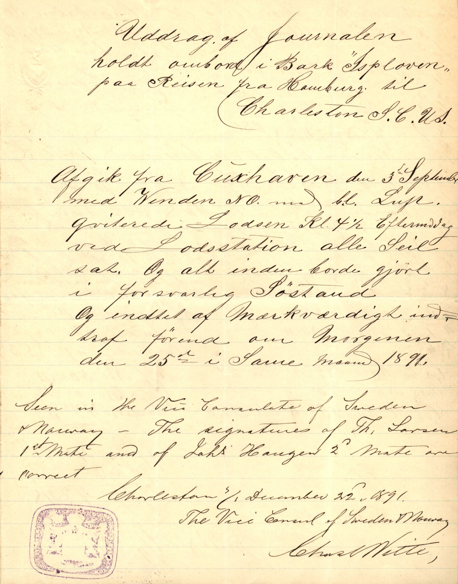 Pa 63 - Østlandske skibsassuranceforening, VEMU/A-1079/G/Ga/L0027/0003: Havaridokumenter / Bothnia, Petropolis, Agathe, Annie, Ispolen, Isploven, 1891, s. 111