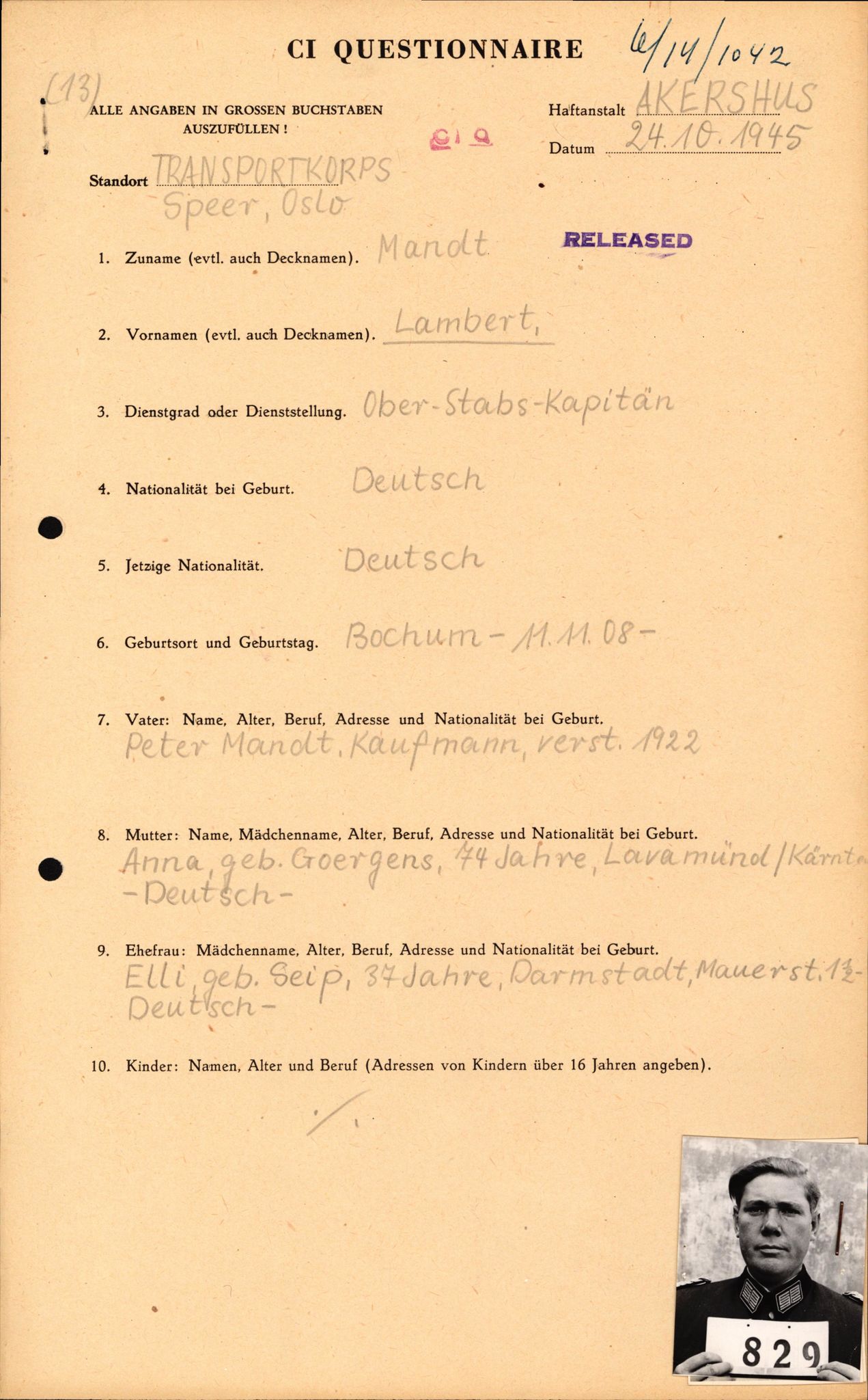 Forsvaret, Forsvarets overkommando II, AV/RA-RAFA-3915/D/Db/L0021: CI Questionaires. Tyske okkupasjonsstyrker i Norge. Tyskere., 1945-1946, s. 115