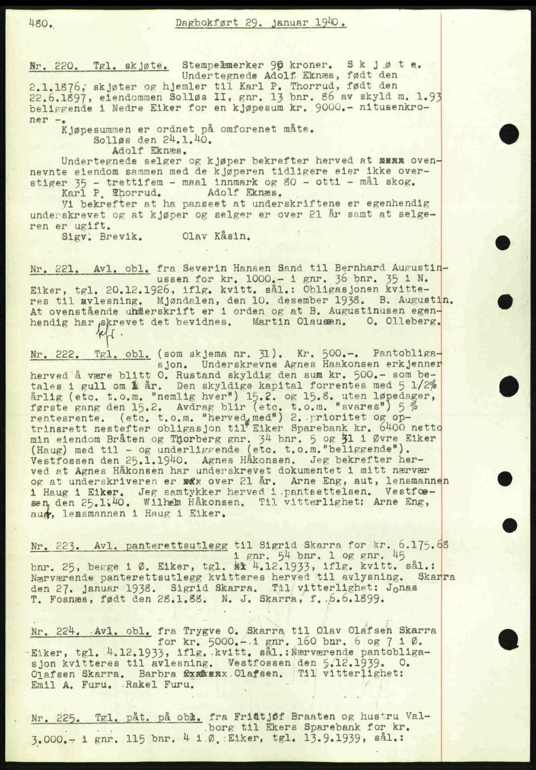 Eiker, Modum og Sigdal sorenskriveri, SAKO/A-123/G/Ga/Gab/L0041: Pantebok nr. A11, 1939-1940, Dagboknr: 220/1940