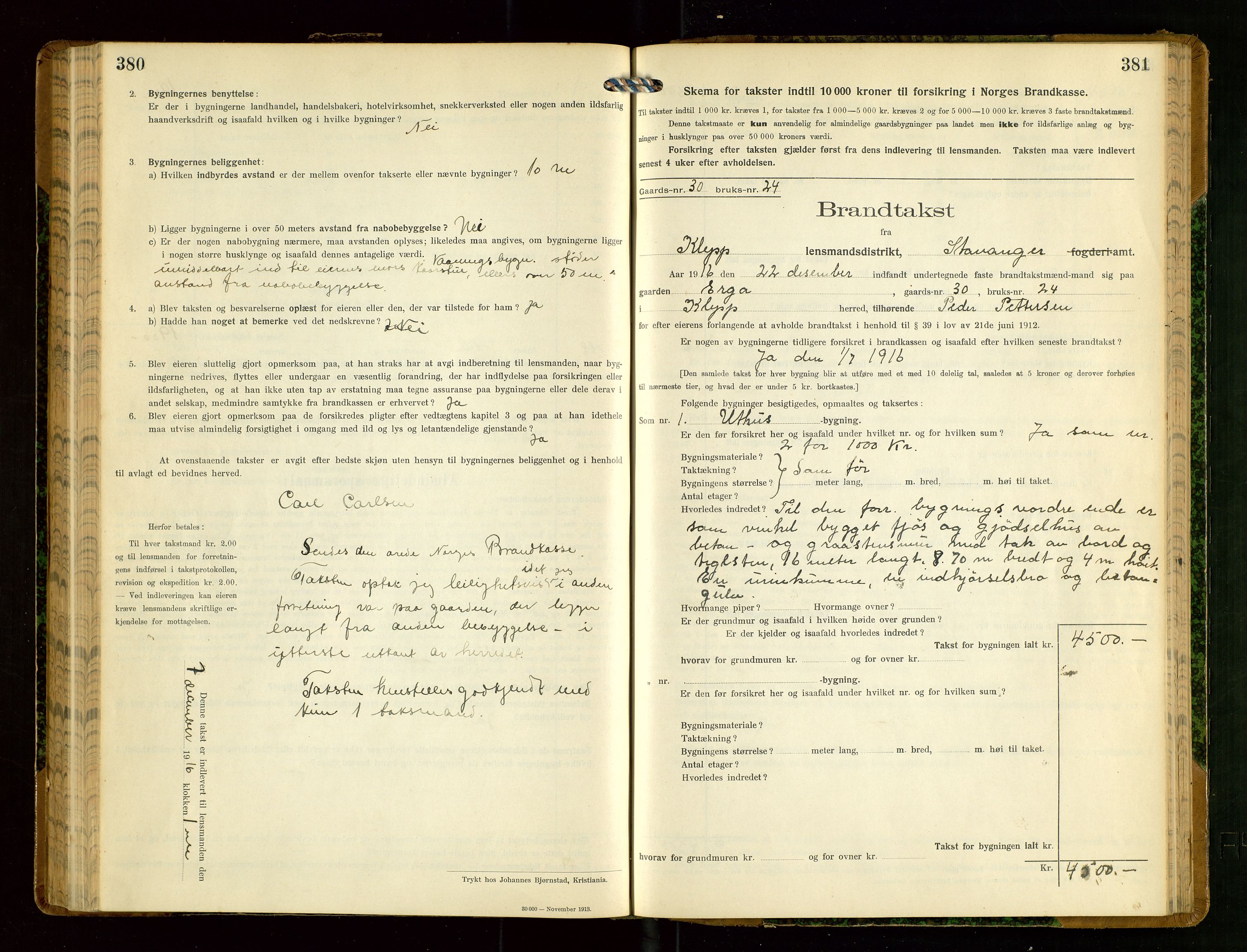 Klepp lensmannskontor, AV/SAST-A-100163/Goc/L0008: "Brandtakstprotokol" m/register, 1914-1917, s. 380-381