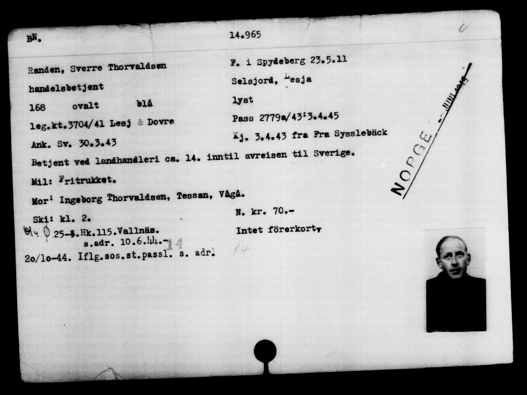 Den Kgl. Norske Legasjons Flyktningskontor, AV/RA-S-6753/V/Va/L0007: Kjesäterkartoteket.  Flyktningenr. 12700-15723, 1940-1945, s. 2605