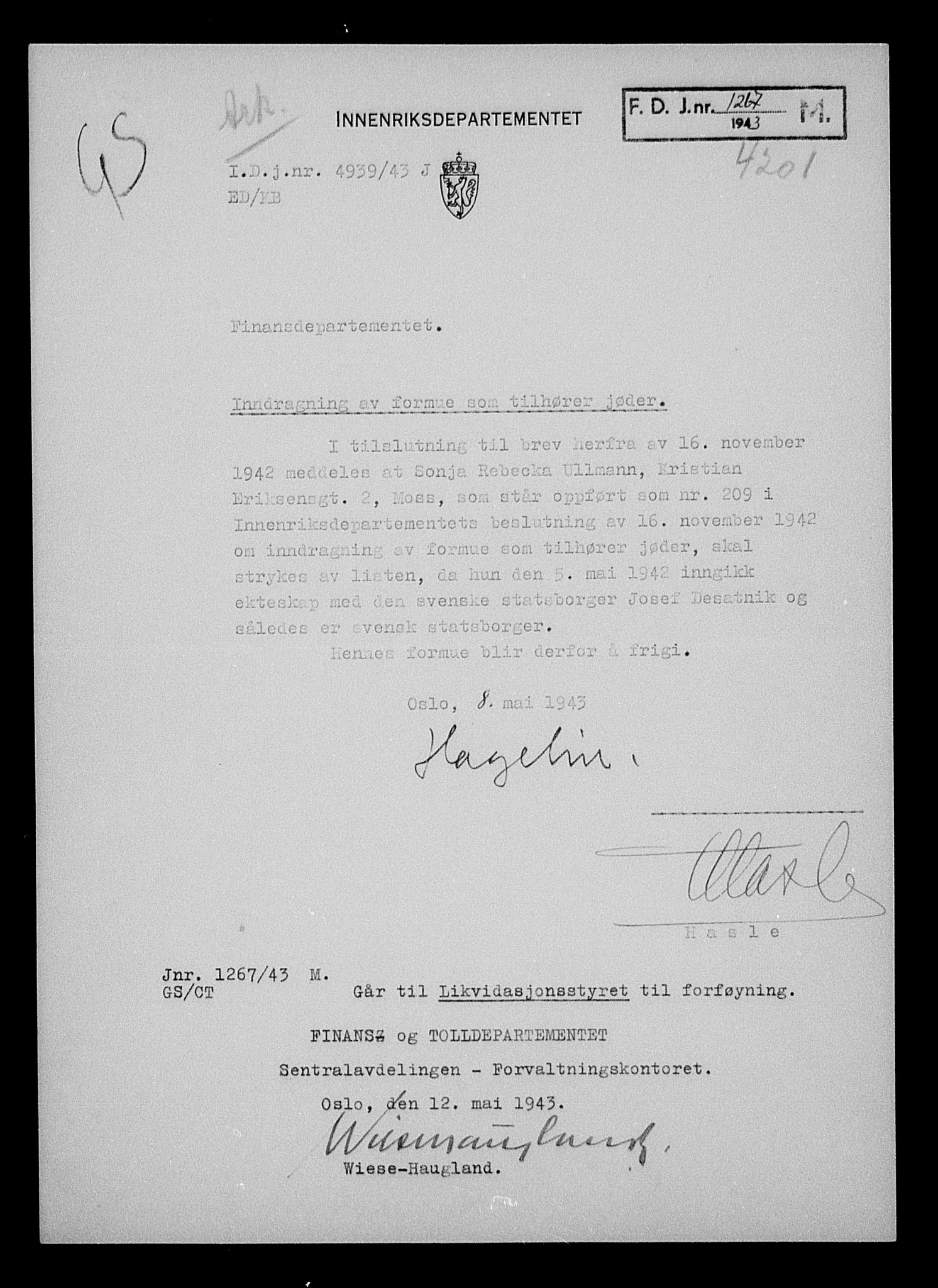 Justisdepartementet, Tilbakeføringskontoret for inndratte formuer, AV/RA-S-1564/H/Hc/Hcd/L1009: --, 1945-1947, s. 5