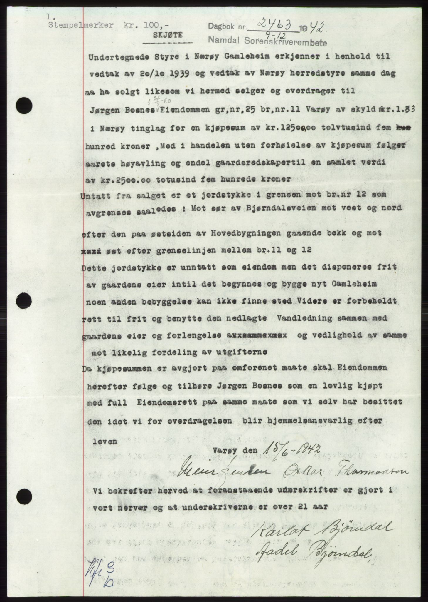 Namdal sorenskriveri, SAT/A-4133/1/2/2C: Pantebok nr. -, 1942-1943, Dagboknr: 2463/1942
