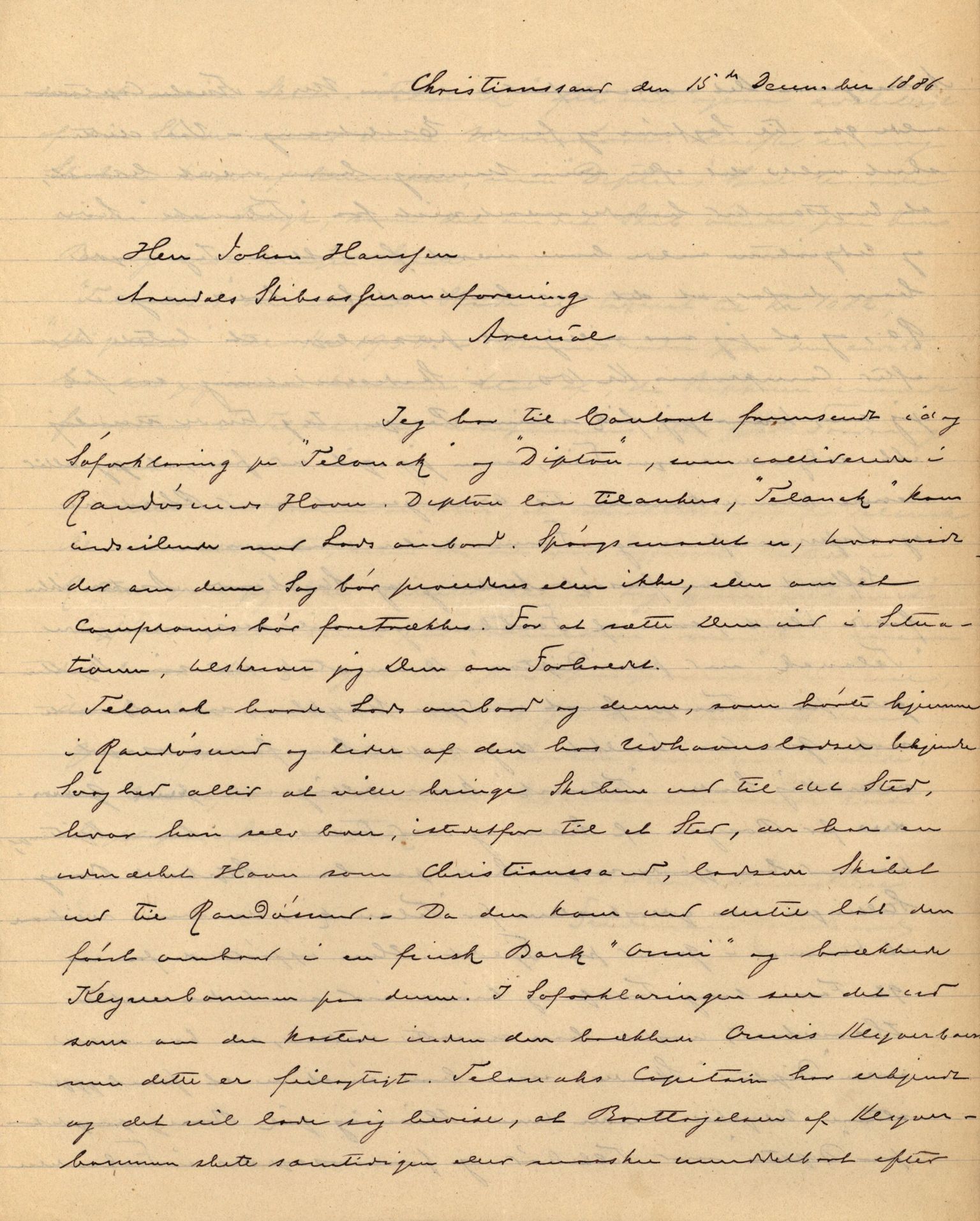 Pa 63 - Østlandske skibsassuranceforening, VEMU/A-1079/G/Ga/L0019/0001: Havaridokumenter / Telanak, Telefon, Ternen, Sir John Lawrence, Benguela, 1886, s. 19