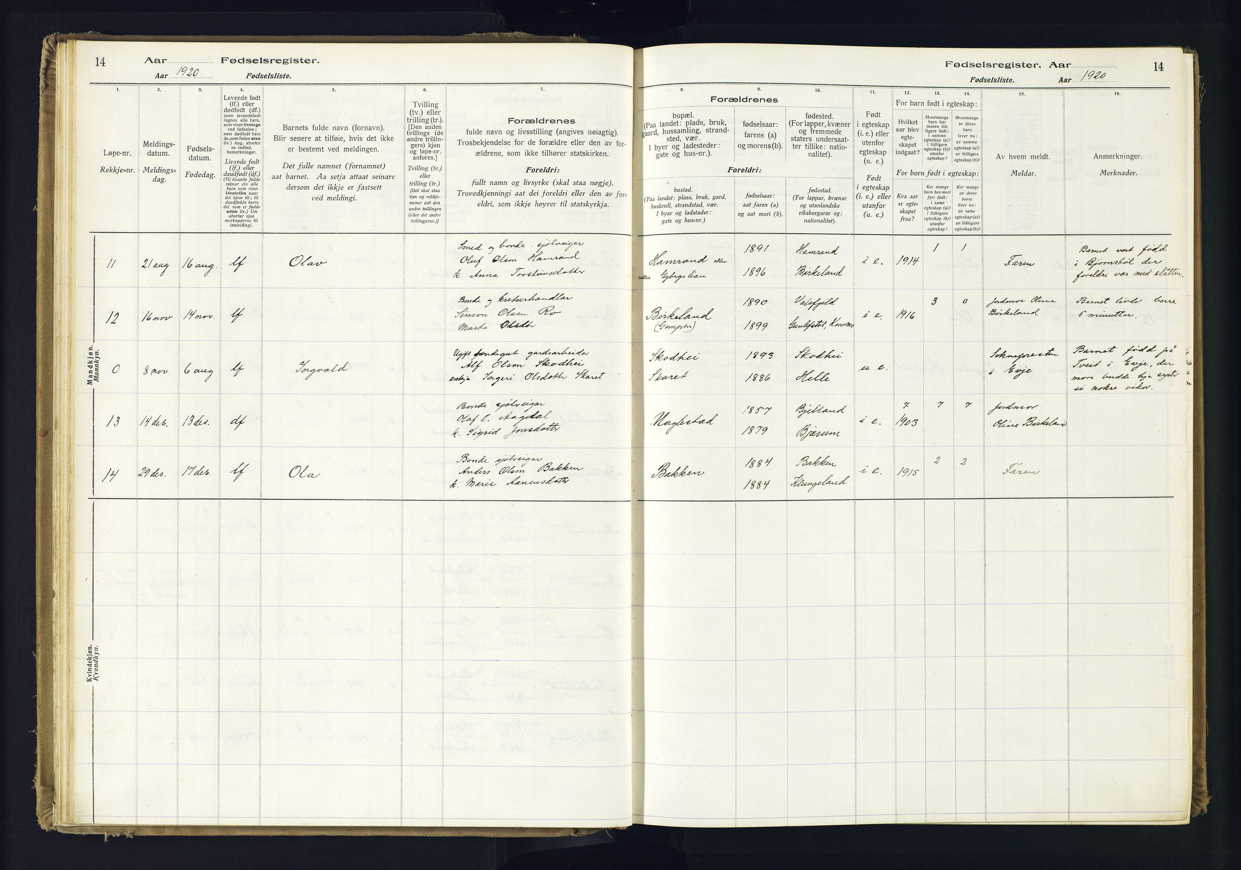 Hægebostad sokneprestkontor, AV/SAK-1111-0024/J/Ja/L0001: Fødselsregister nr. II.6.7, 1916-1982, s. 14