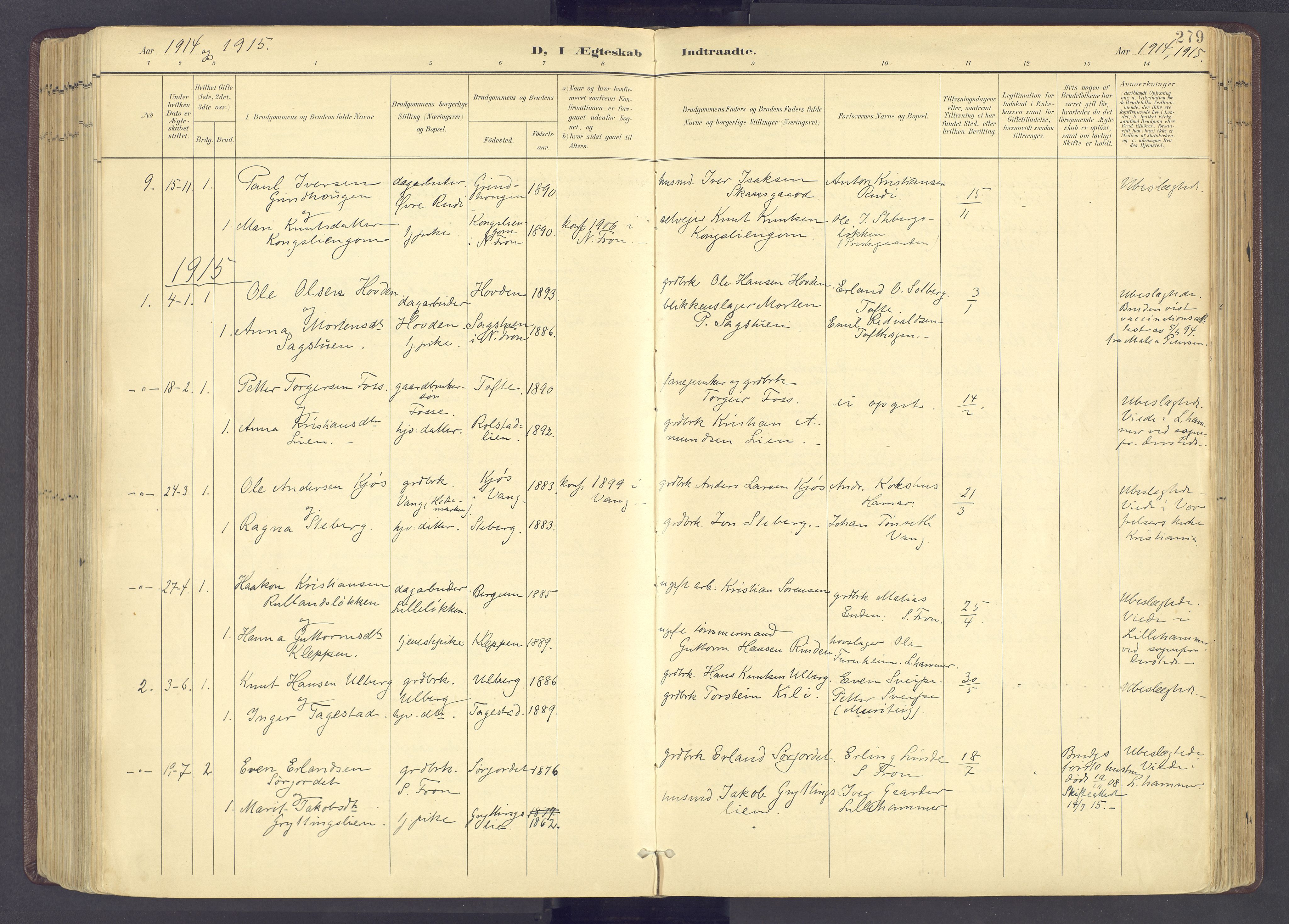 Sør-Fron prestekontor, SAH/PREST-010/H/Ha/Haa/L0004: Ministerialbok nr. 4, 1898-1919, s. 279