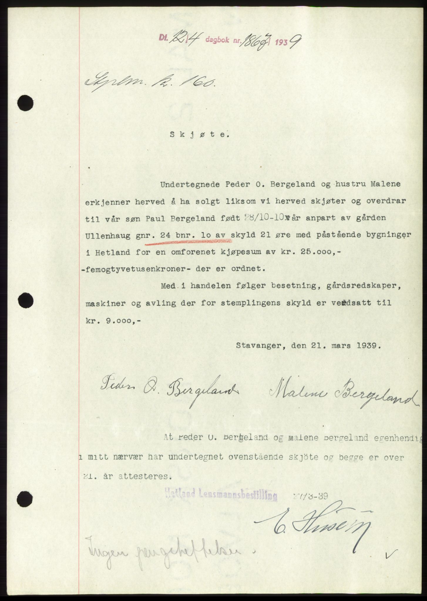 Jæren sorenskriveri, SAST/A-100310/03/G/Gba/L0074: Pantebok, 1939-1939, Dagboknr: 1867/1939