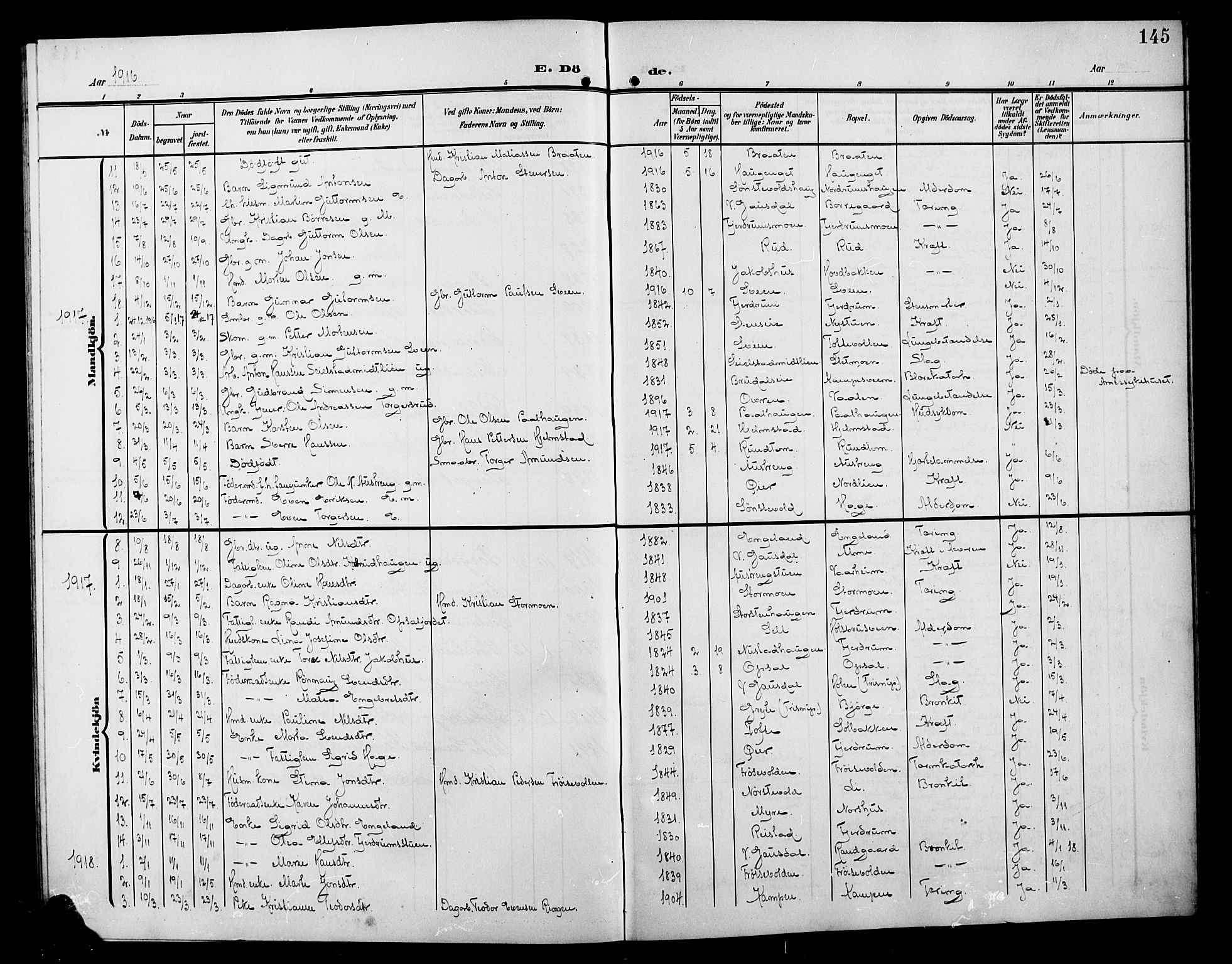 Østre Gausdal prestekontor, SAH/PREST-092/H/Ha/Hab/L0004: Klokkerbok nr. 4, 1905-1923, s. 145