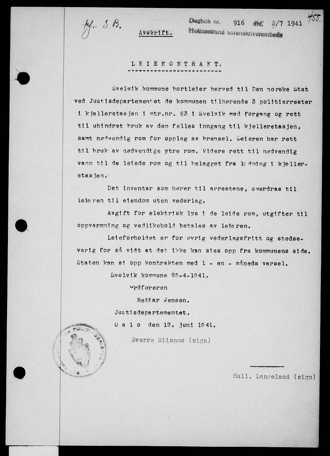 Holmestrand sorenskriveri, SAKO/A-67/G/Ga/Gaa/L0053: Pantebok nr. A-53, 1941-1941, Dagboknr: 916/1941