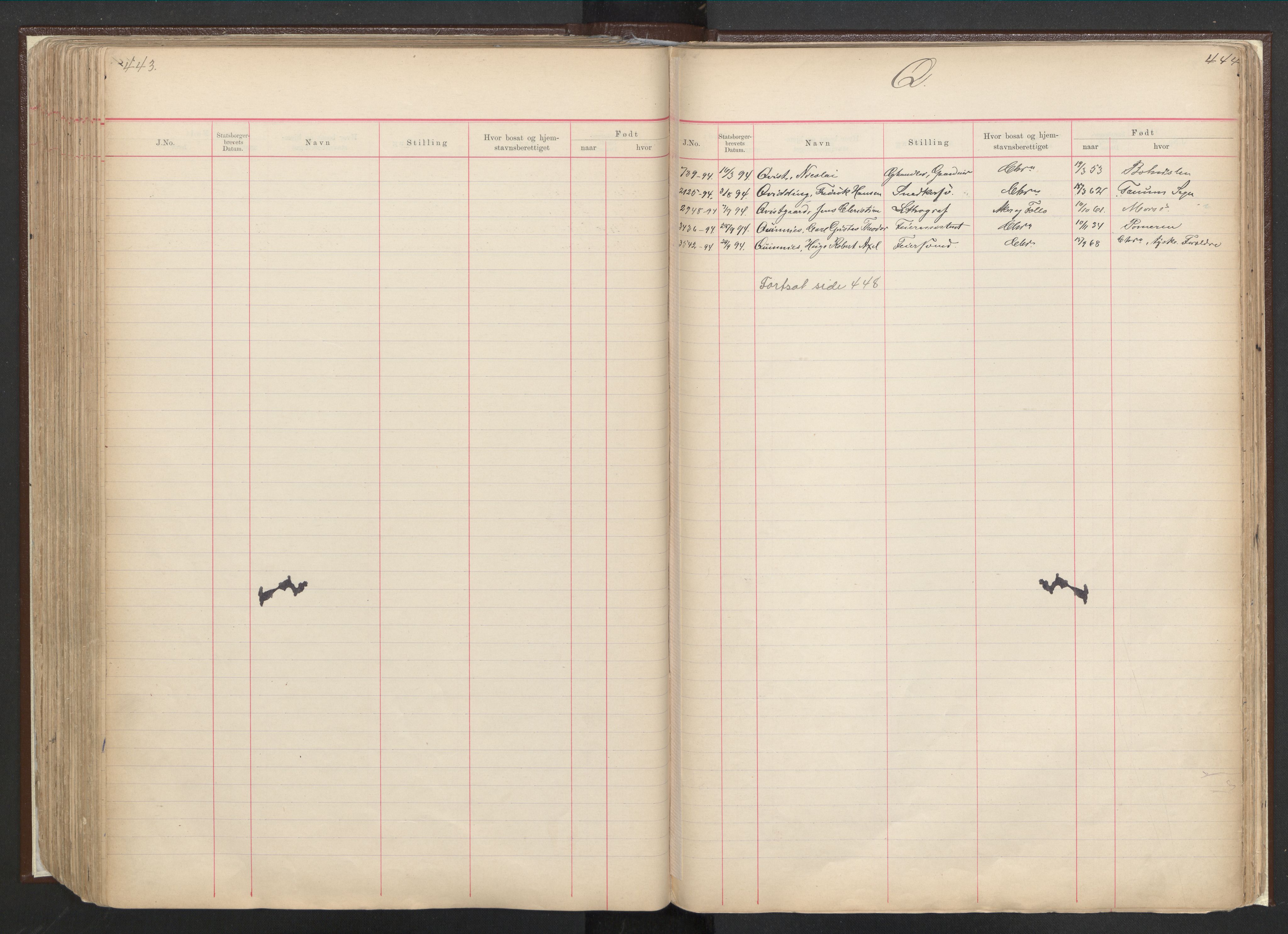 Justisdepartementet, 3. politikontor P3, RA/S-1051/C/Cc/L0001: Journal over statsborgersaker, 1891-1946, s. 443-444