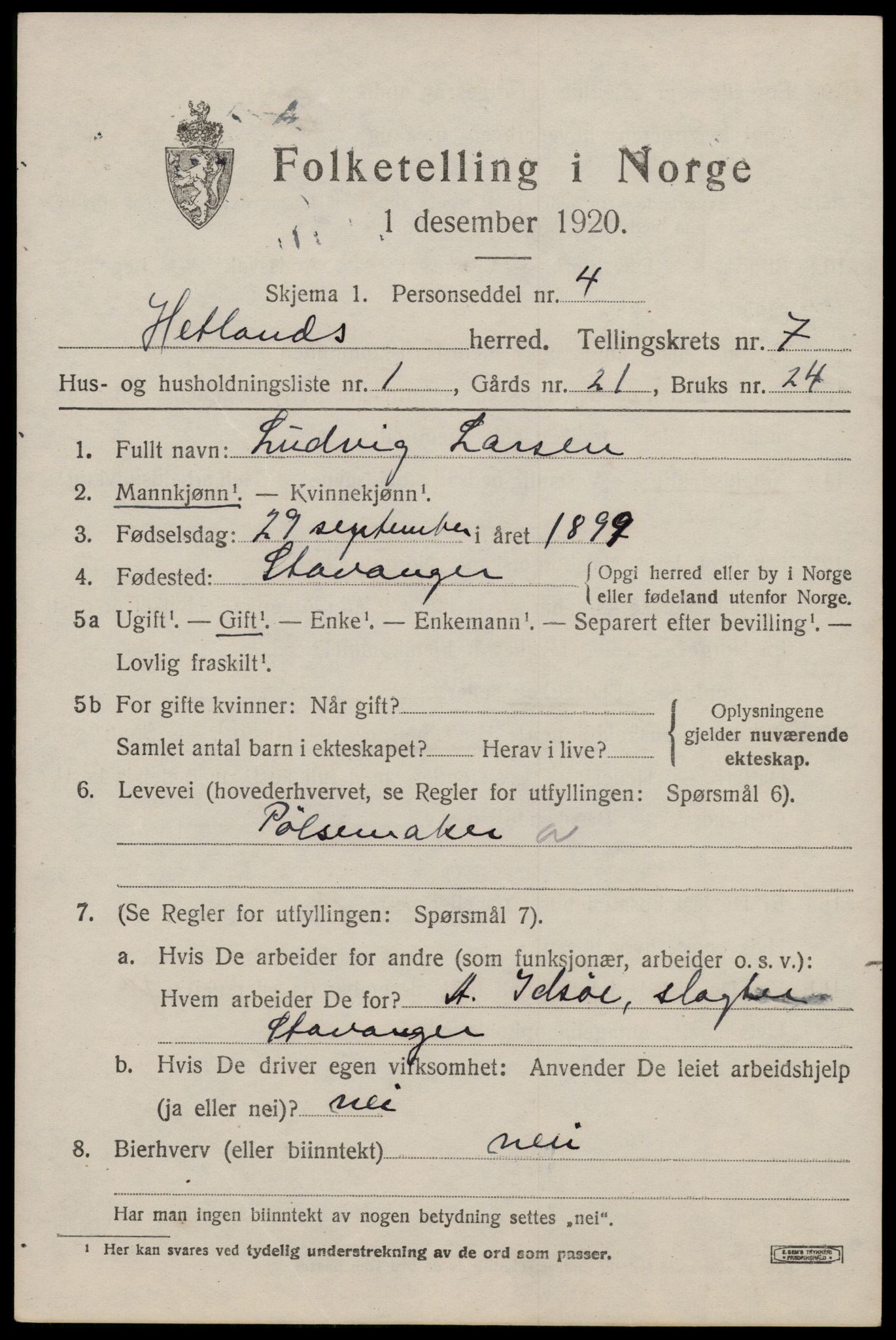 SAST, Folketelling 1920 for 1126 Hetland herred, 1920, s. 13893