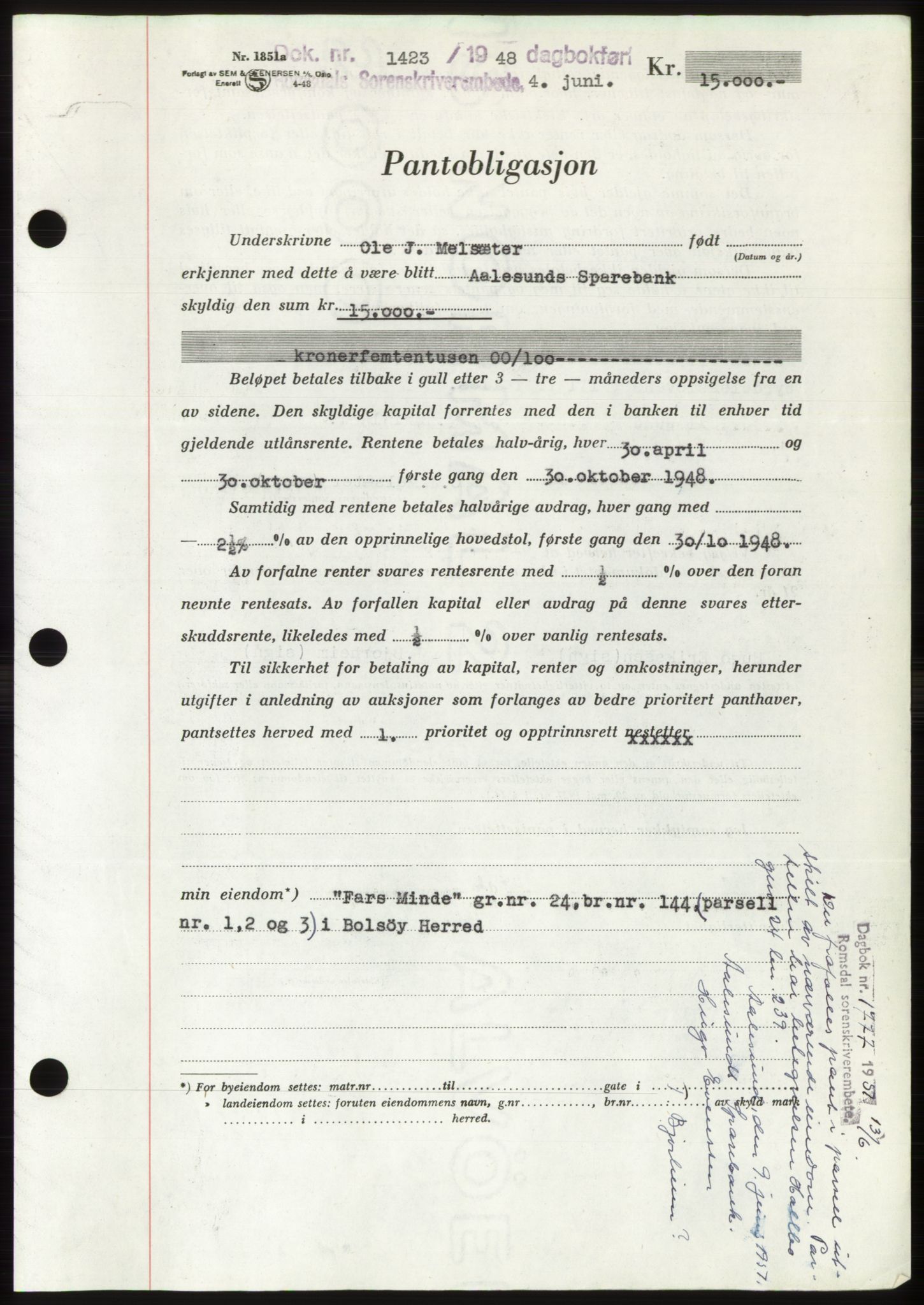 Romsdal sorenskriveri, SAT/A-4149/1/2/2C: Pantebok nr. B4, 1948-1949, Dagboknr: 1423/1948