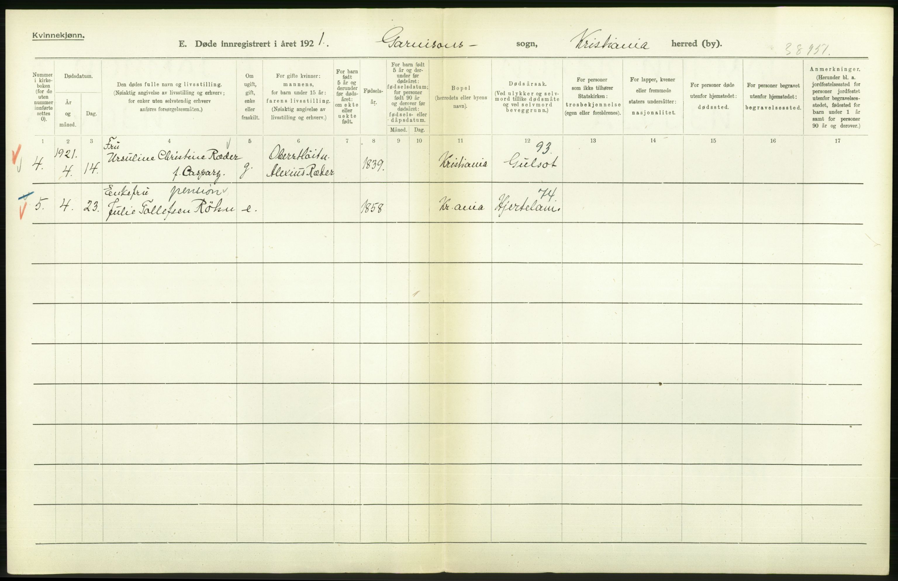 Statistisk sentralbyrå, Sosiodemografiske emner, Befolkning, AV/RA-S-2228/D/Df/Dfc/Dfca/L0013: Kristiania: Døde, dødfødte, 1921, s. 178