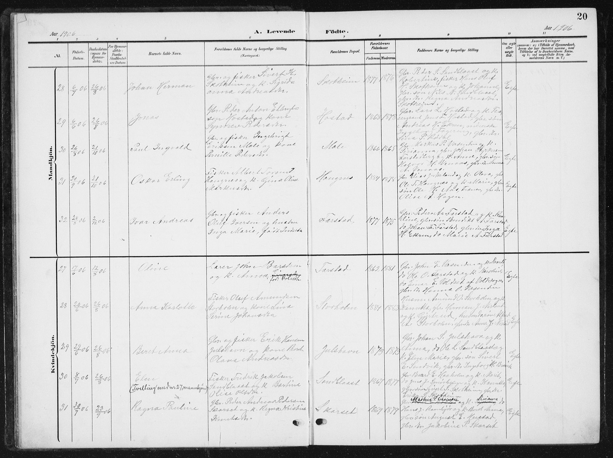 Ministerialprotokoller, klokkerbøker og fødselsregistre - Møre og Romsdal, AV/SAT-A-1454/567/L0784: Klokkerbok nr. 567C04, 1903-1938, s. 20