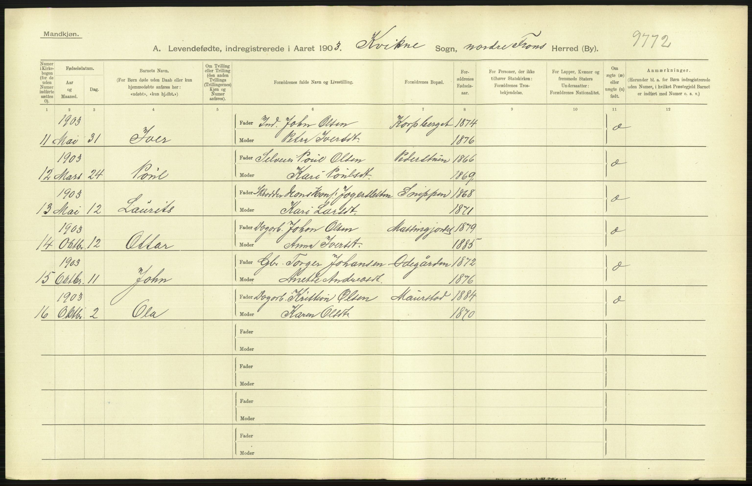 Statistisk sentralbyrå, Sosiodemografiske emner, Befolkning, AV/RA-S-2228/D/Df/Dfa/Dfaa/L0006: Kristians amt: Fødte, gifte, døde, 1903, s. 55