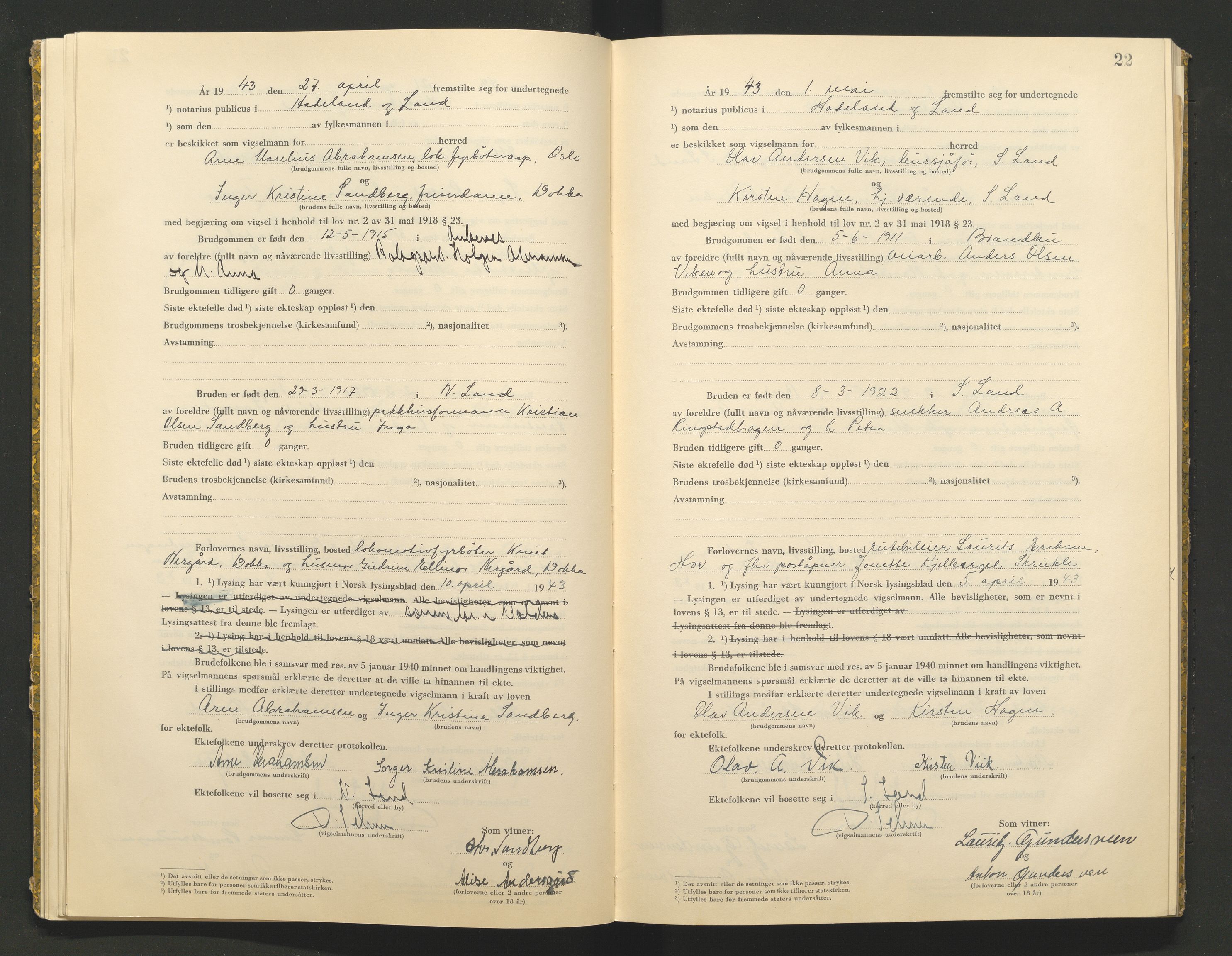 Hadeland og Land tingrett, AV/SAH-TING-010/L/Lb/L0002: Vigselbok, 1943-1944, s. 22