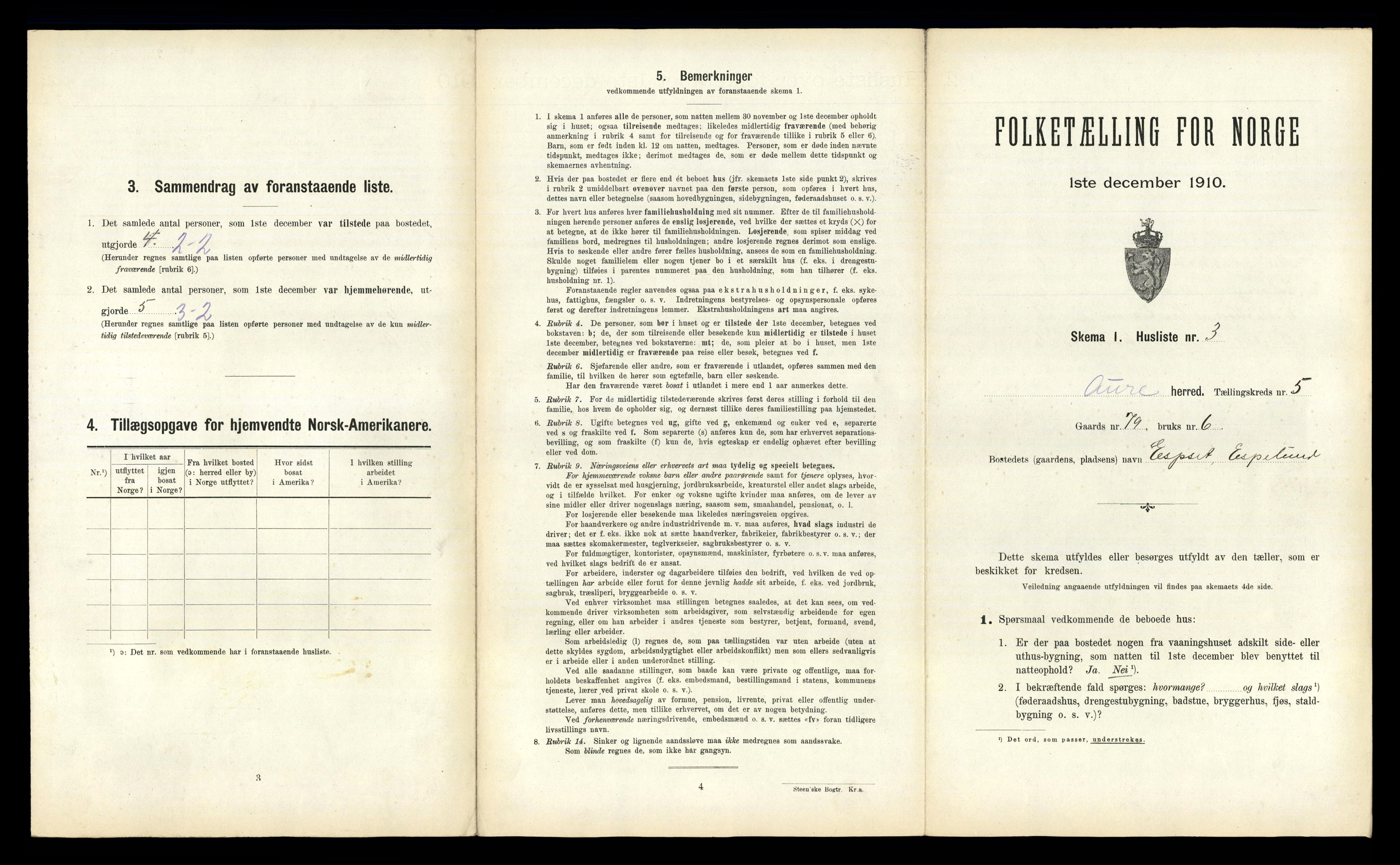 RA, Folketelling 1910 for 1569 Aure herred, 1910, s. 454
