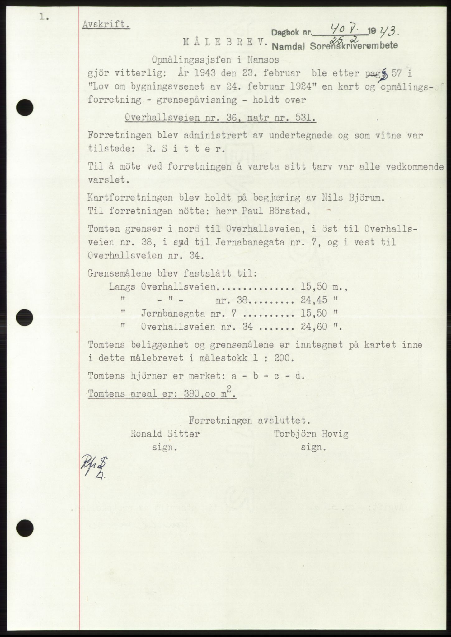 Namdal sorenskriveri, SAT/A-4133/1/2/2C: Pantebok nr. -, 1942-1943, Dagboknr: 407/1943