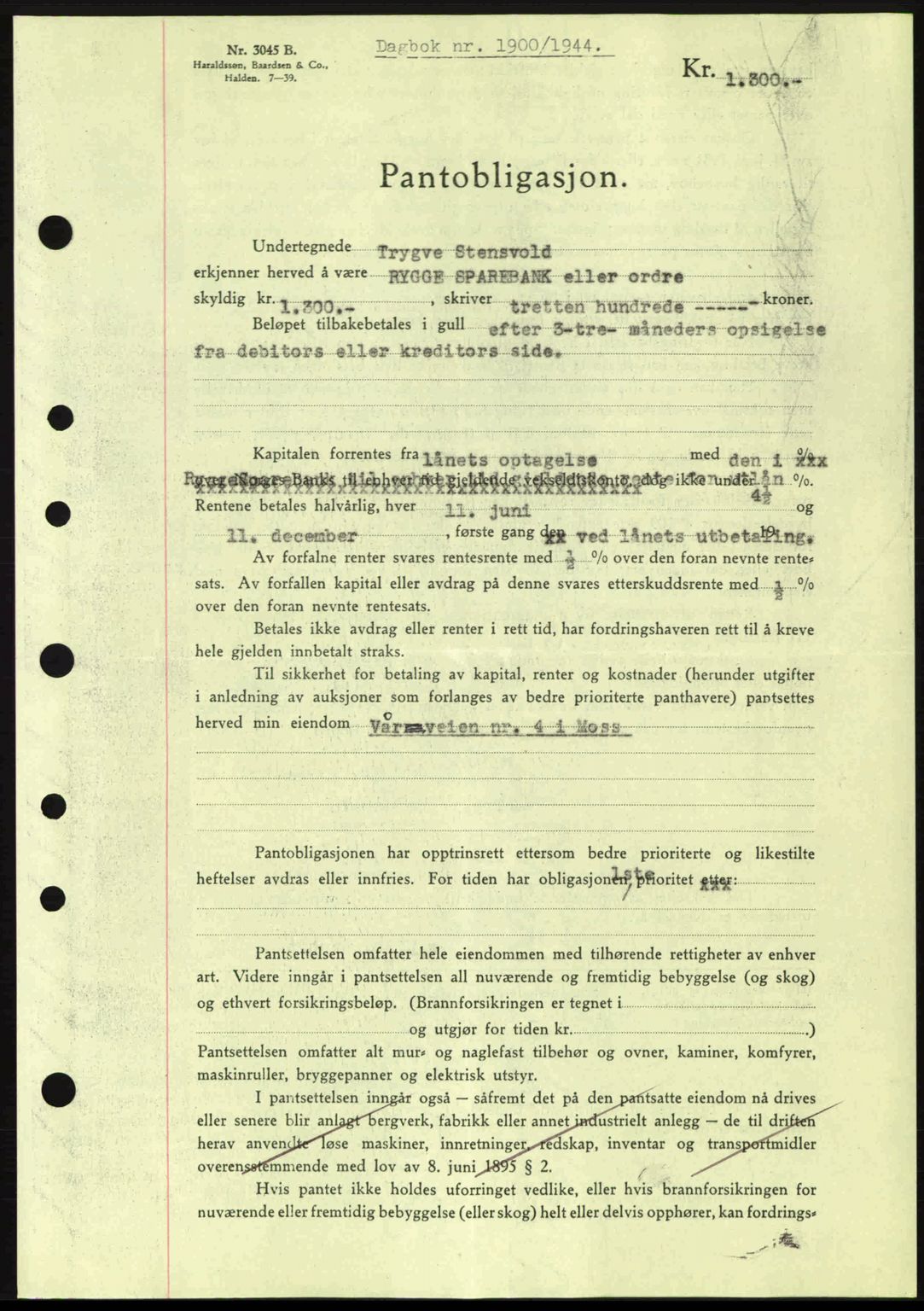 Moss sorenskriveri, SAO/A-10168: Pantebok nr. B13, 1943-1945, Dagboknr: 1900/1944