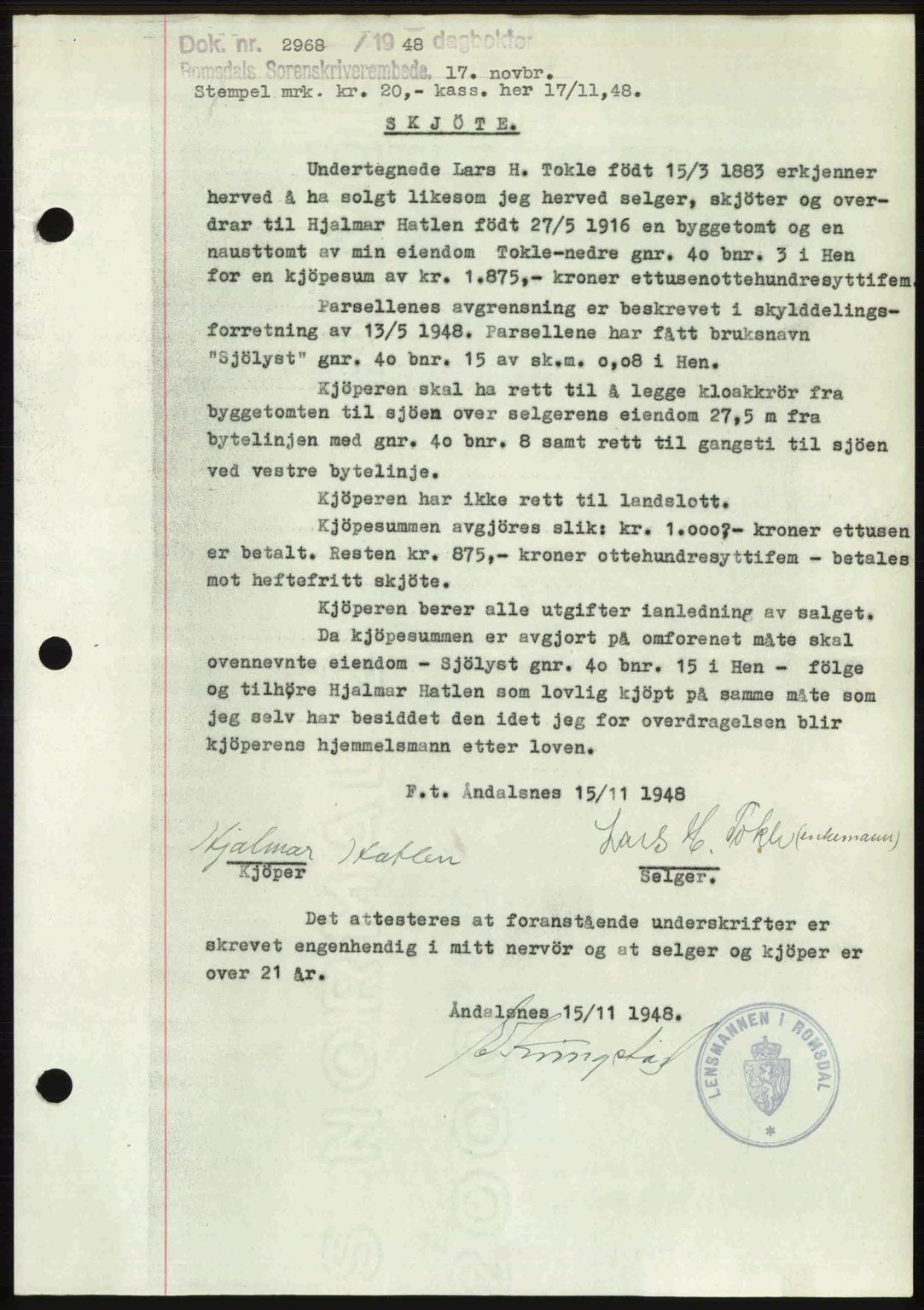 Romsdal sorenskriveri, SAT/A-4149/1/2/2C: Pantebok nr. A27, 1948-1948, Dagboknr: 2968/1948