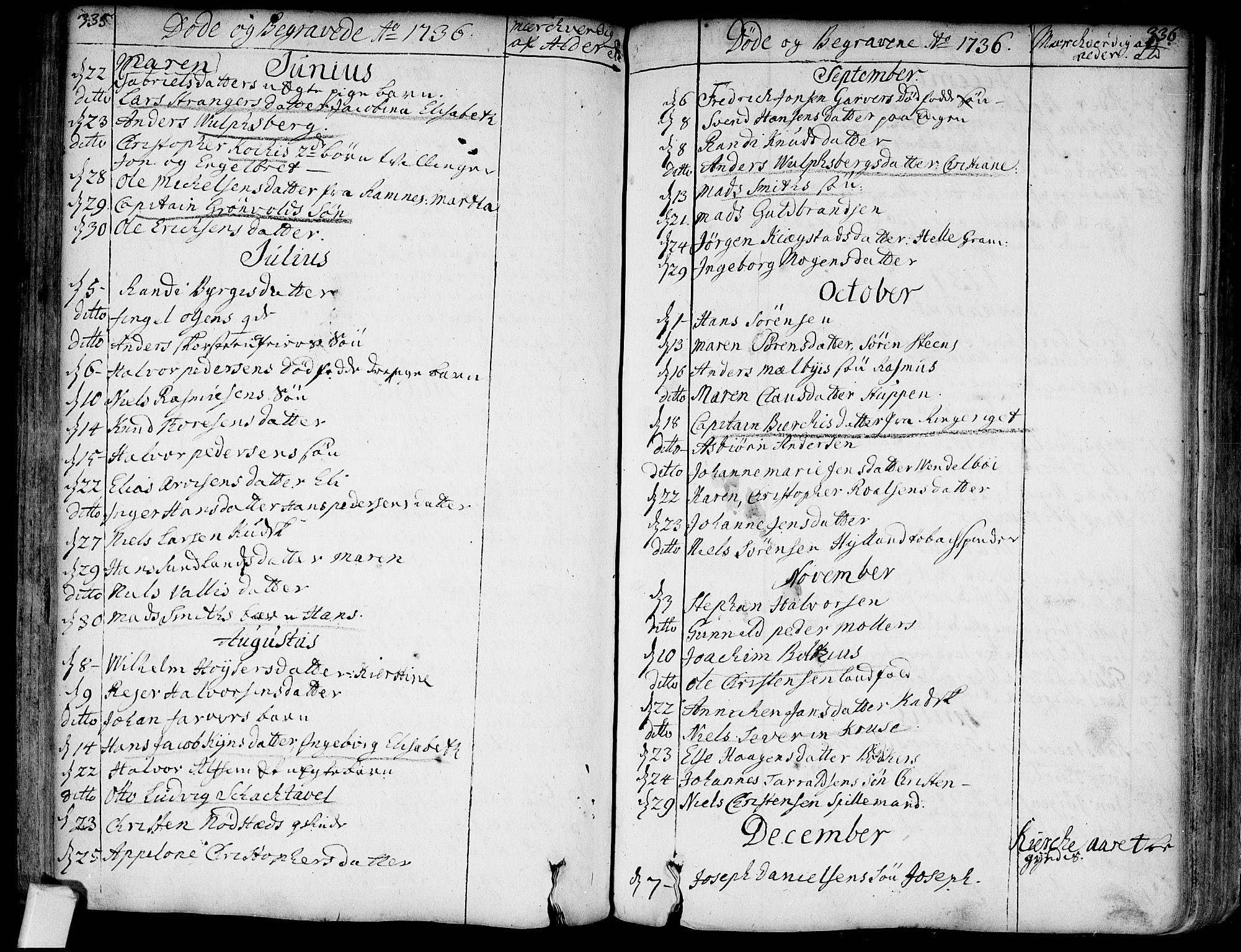 Bragernes kirkebøker, SAKO/A-6/F/Fa/L0004: Ministerialbok nr. I 4, 1734-1759, s. 335-336