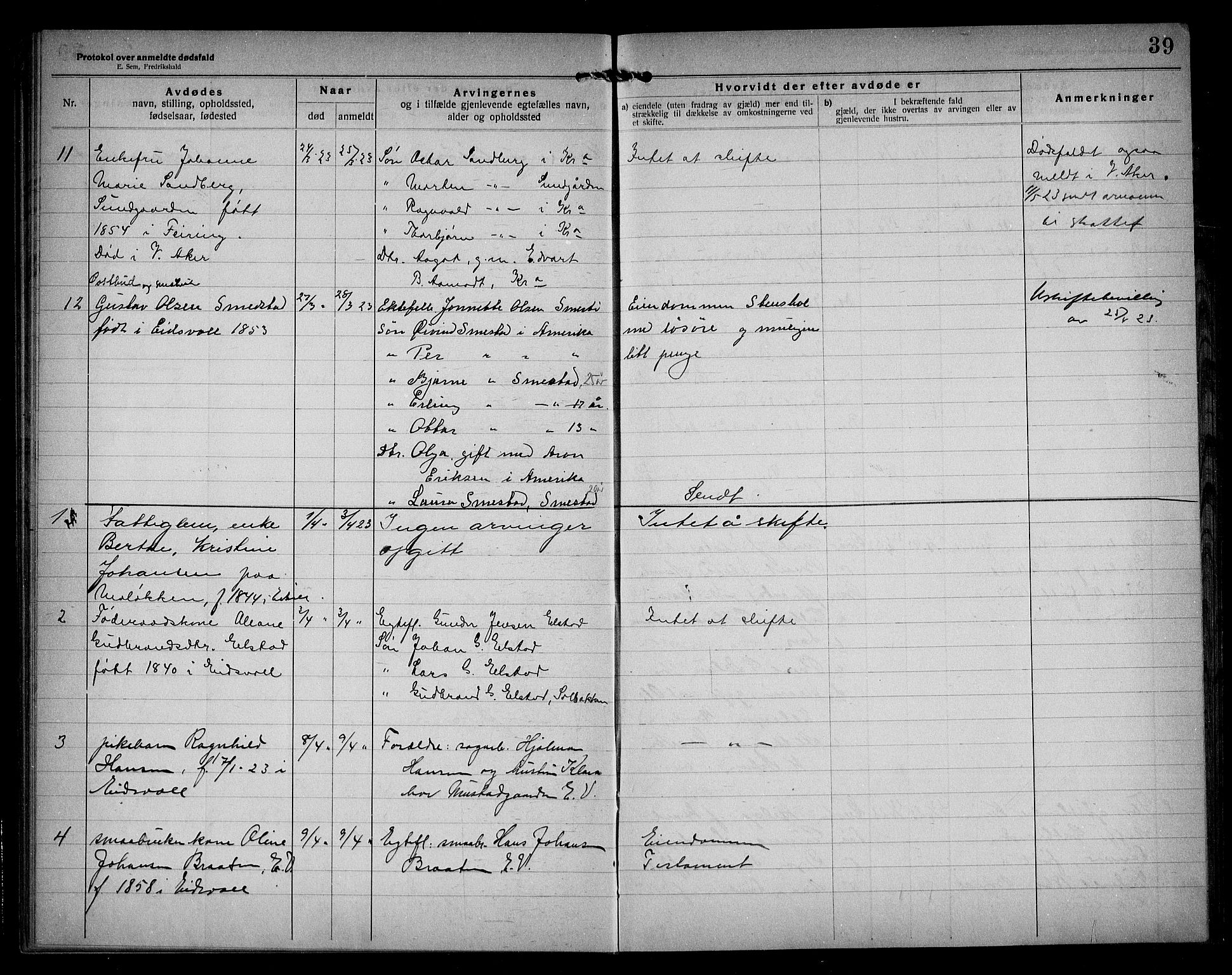 Eidsvoll lensmannskontor, AV/SAO-A-10266a/H/Ha/Haa/L0005: Dødsfallprotokoll, 1921-1930, s. 39