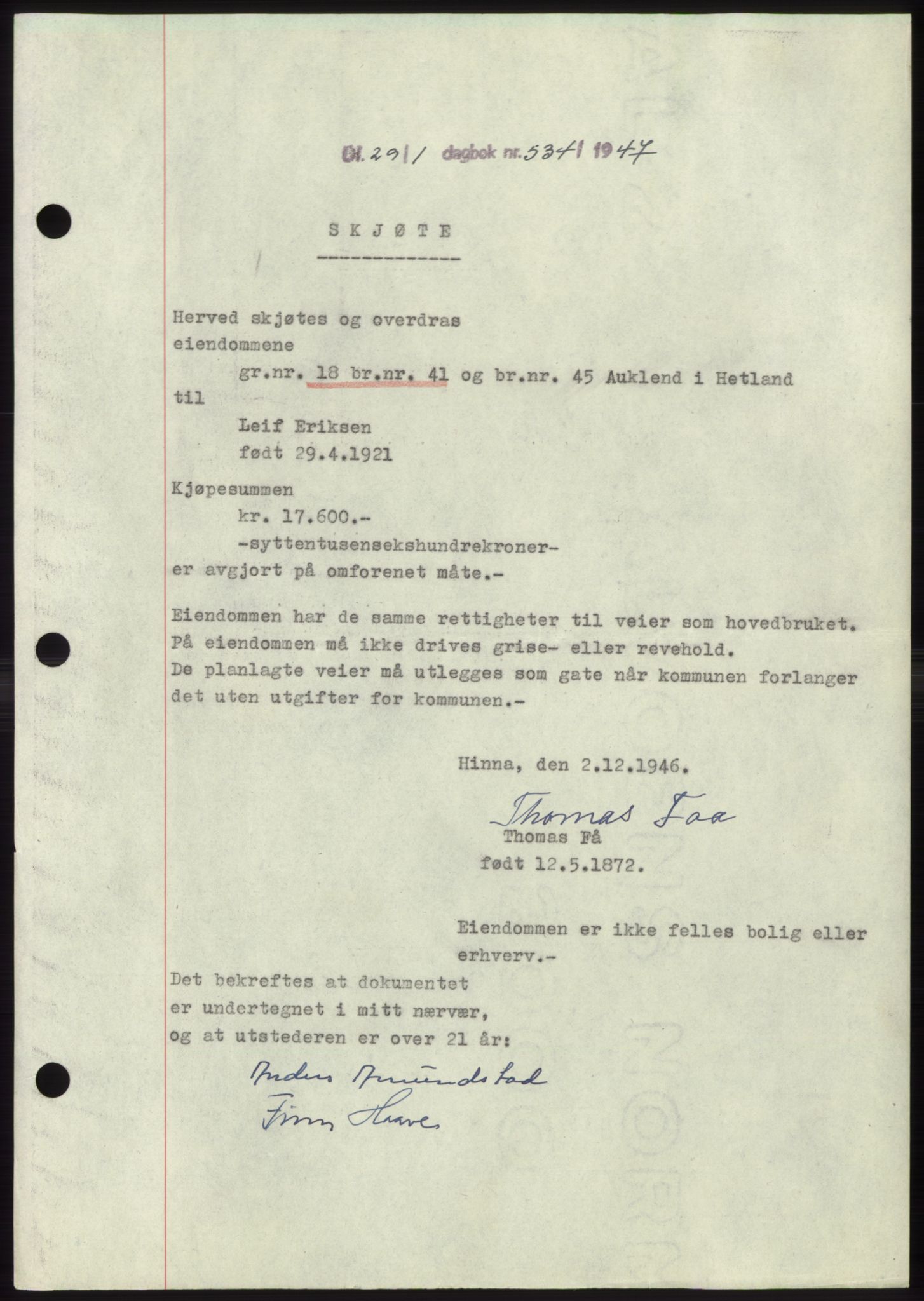 Jæren sorenskriveri, SAST/A-100310/03/G/Gba/L0093: Pantebok, 1947-1947, Dagboknr: 534/1947