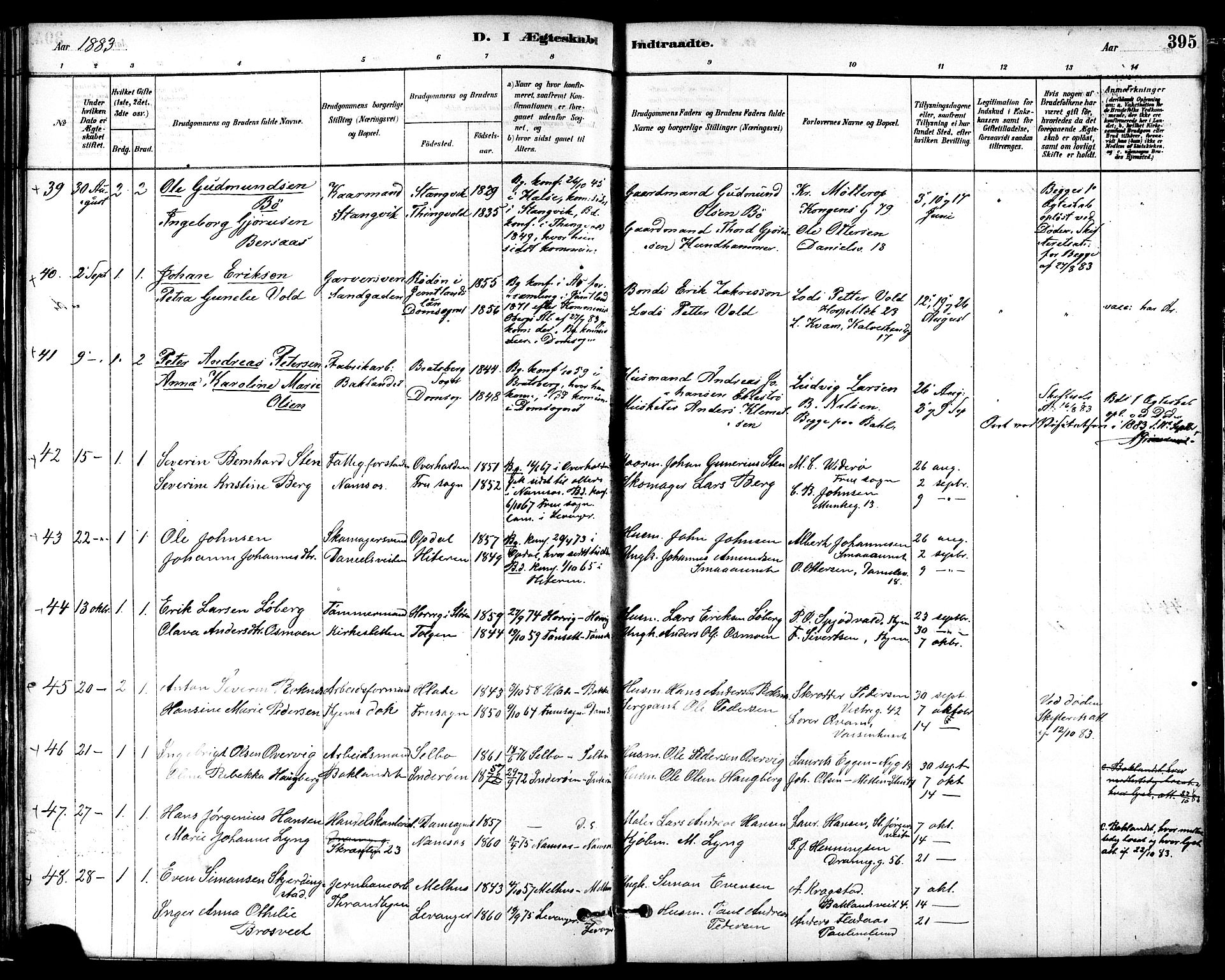 Ministerialprotokoller, klokkerbøker og fødselsregistre - Sør-Trøndelag, SAT/A-1456/601/L0058: Ministerialbok nr. 601A26, 1877-1891, s. 395
