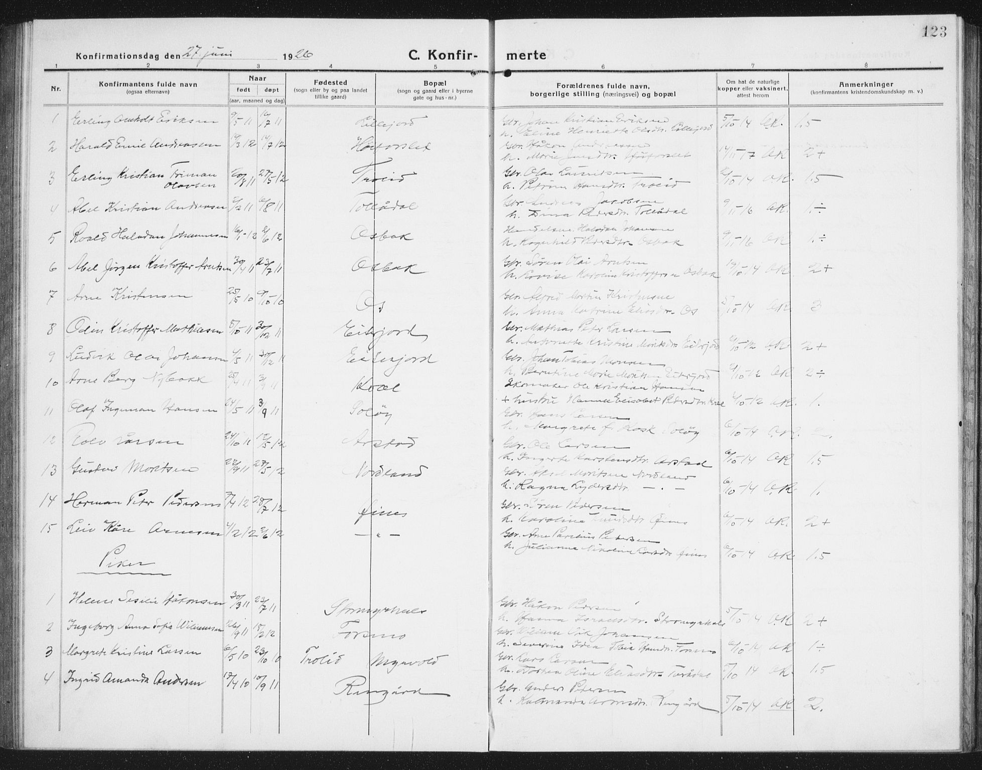Ministerialprotokoller, klokkerbøker og fødselsregistre - Nordland, AV/SAT-A-1459/846/L0656: Klokkerbok nr. 846C06, 1917-1936, s. 123