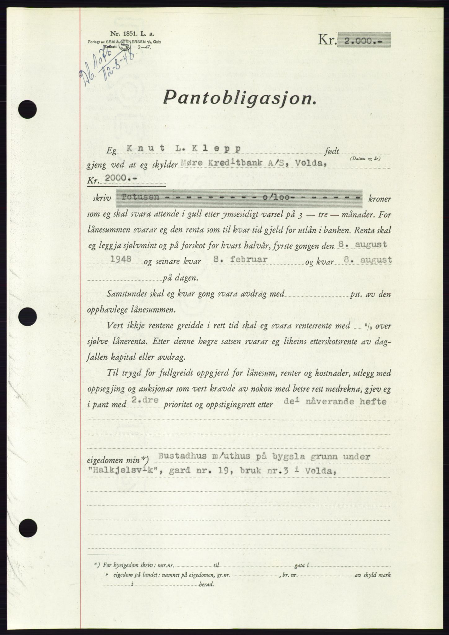 Søre Sunnmøre sorenskriveri, AV/SAT-A-4122/1/2/2C/L0116: Pantebok nr. 4B, 1948-1949, Dagboknr: 1075/1948