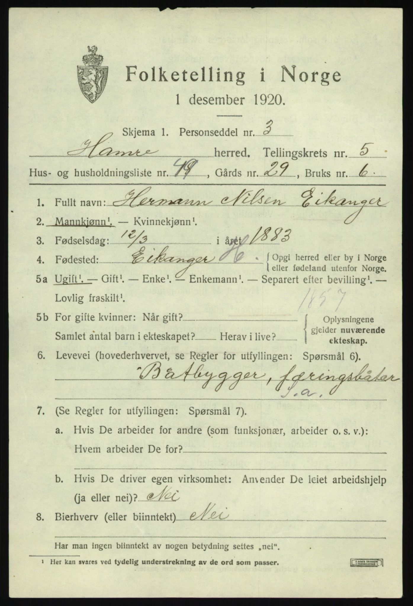 SAB, Folketelling 1920 for 1254 Hamre herred, 1920, s. 3445