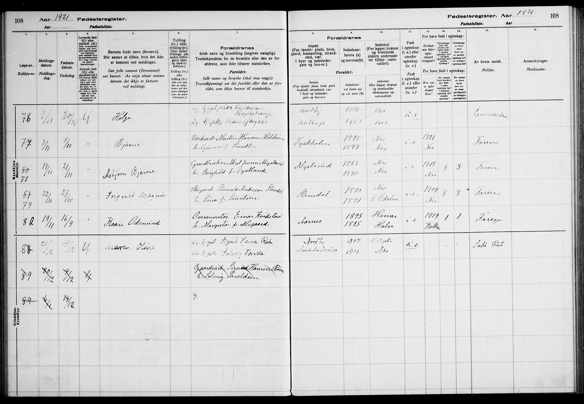 Nes prestekontor Kirkebøker, AV/SAO-A-10410/J/Ja/L0001: Fødselsregister nr. 1, 1916-1926, s. 108