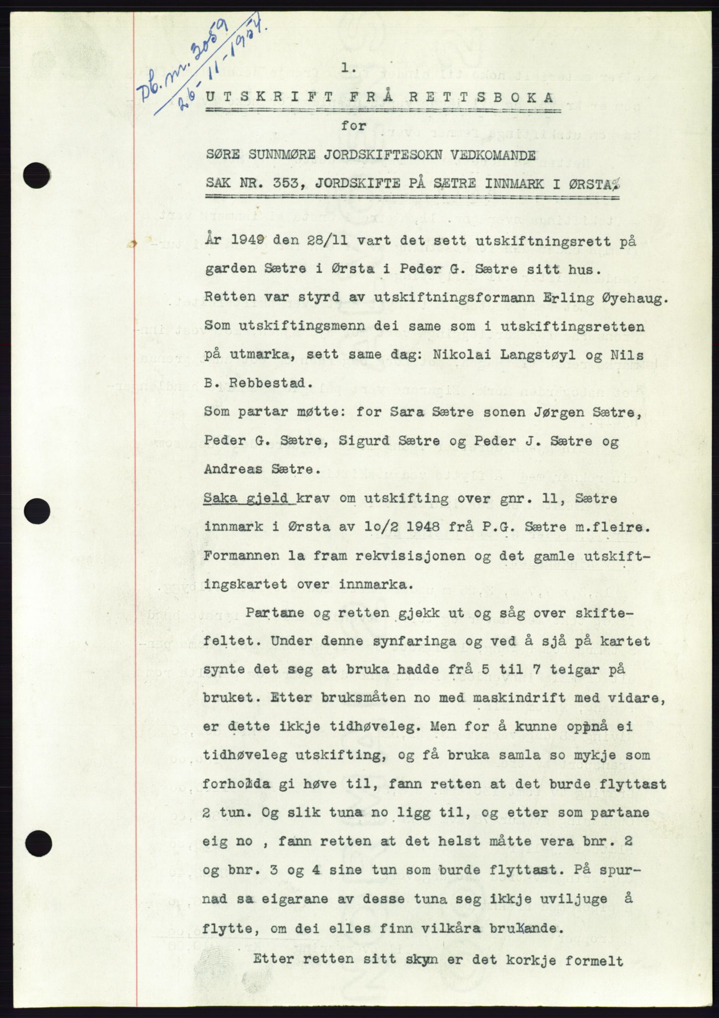 Søre Sunnmøre sorenskriveri, AV/SAT-A-4122/1/2/2C/L0099: Pantebok nr. 25A, 1954-1954, Dagboknr: 3059/1954