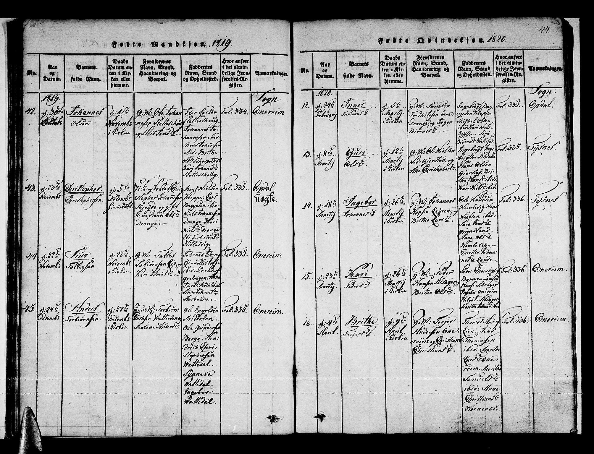 Tysnes sokneprestembete, AV/SAB-A-78601/H/Haa: Ministerialbok nr. A 7, 1816-1826, s. 44