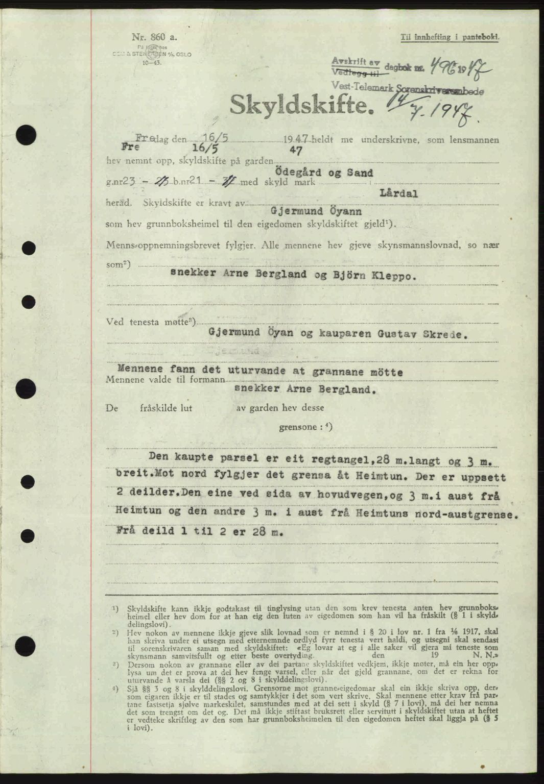 Vest-Telemark sorenskriveri, SAKO/A-134/G/Ga/Gac/L0008: Pantebok nr. A-8, 1947-1948, Dagboknr: 496/1947