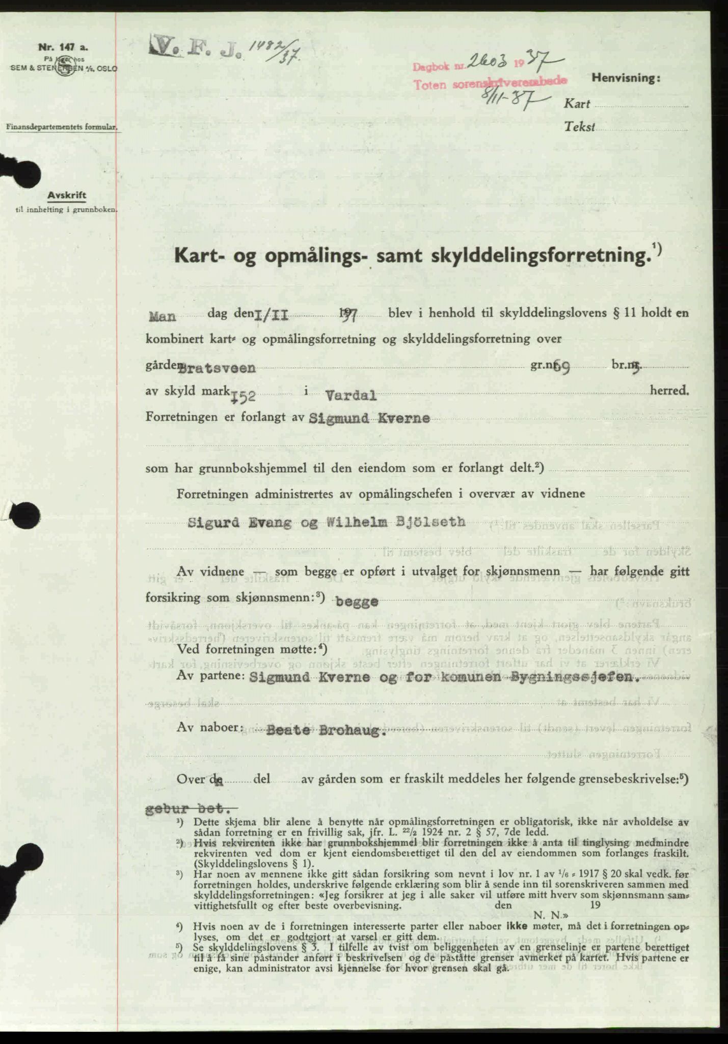 Toten tingrett, SAH/TING-006/H/Hb/Hbc/L0003: Pantebok nr. Hbc-03, 1937-1938, Dagboknr: 2603/1937