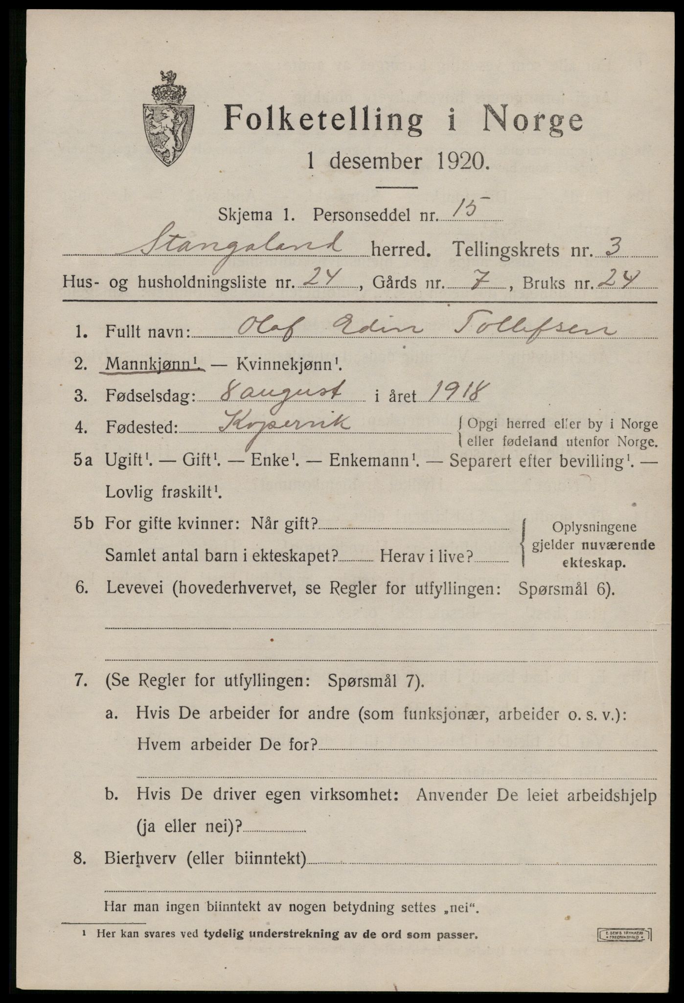 SAST, Folketelling 1920 for 1148 Stangaland herred, 1920, s. 2515