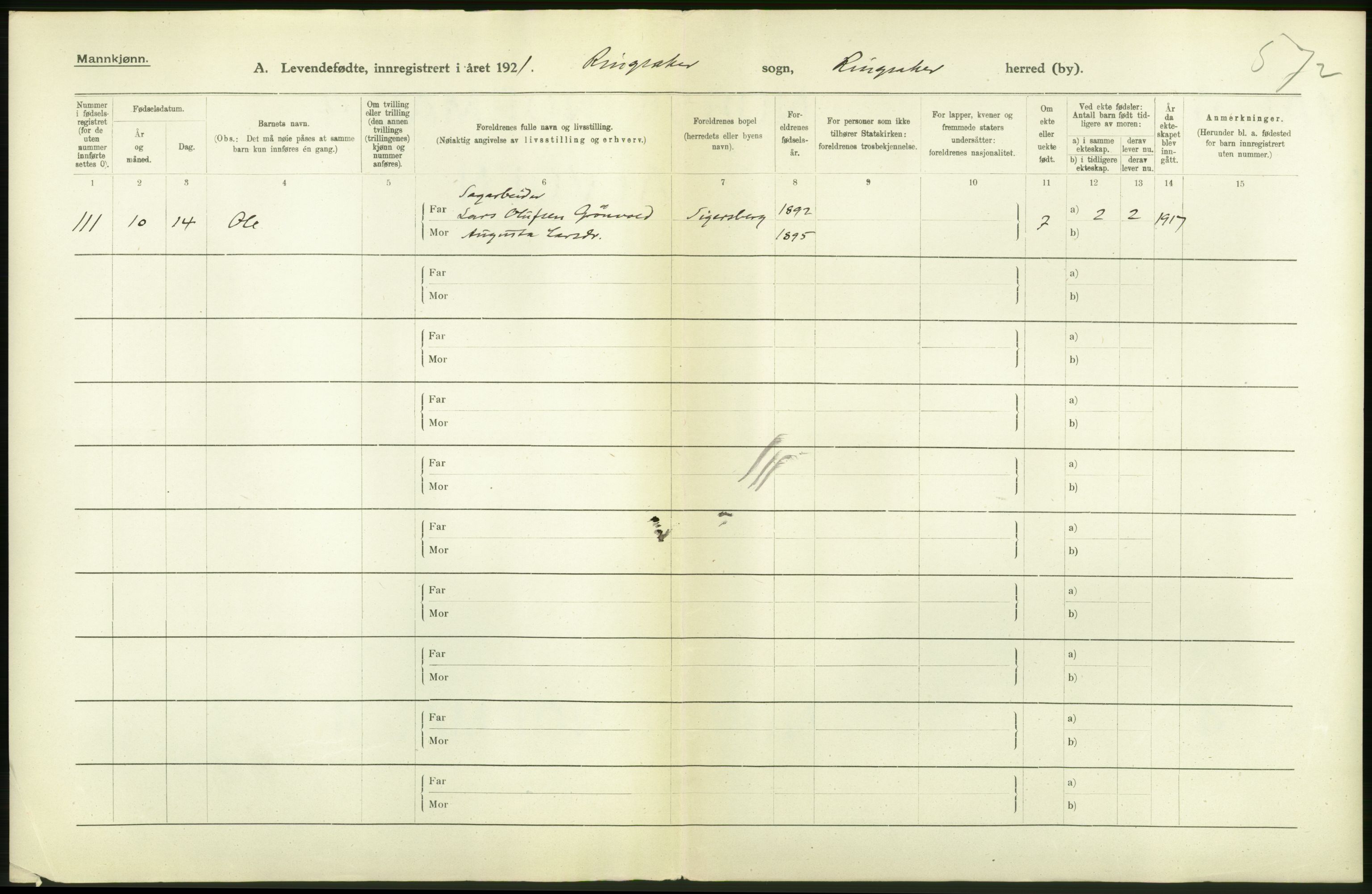 Statistisk sentralbyrå, Sosiodemografiske emner, Befolkning, AV/RA-S-2228/D/Df/Dfc/Dfca/L0014: Hedemark fylke: Levendefødte menn og kvinner. Bygder., 1921, s. 26