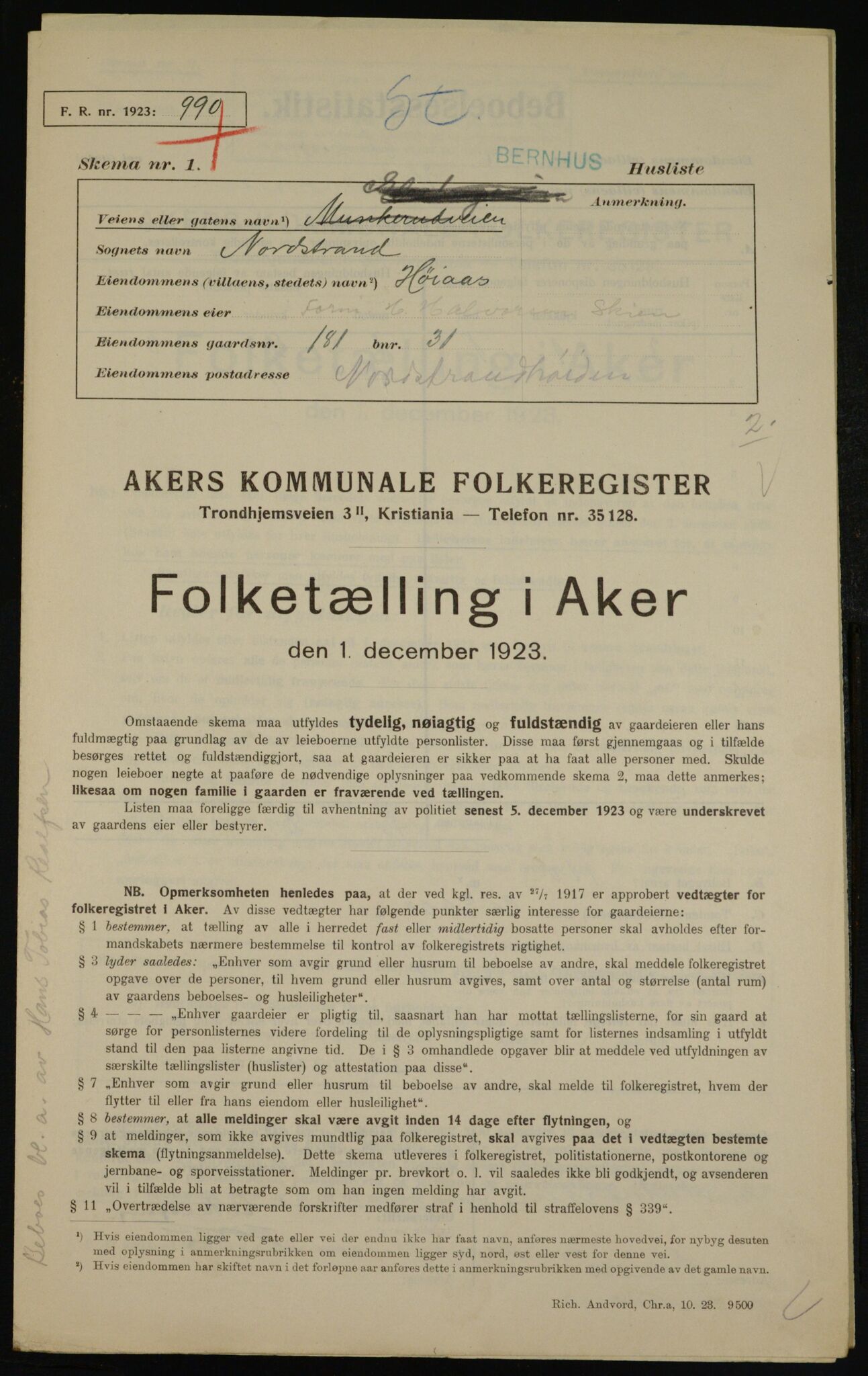 , Kommunal folketelling 1.12.1923 for Aker, 1923, s. 42445