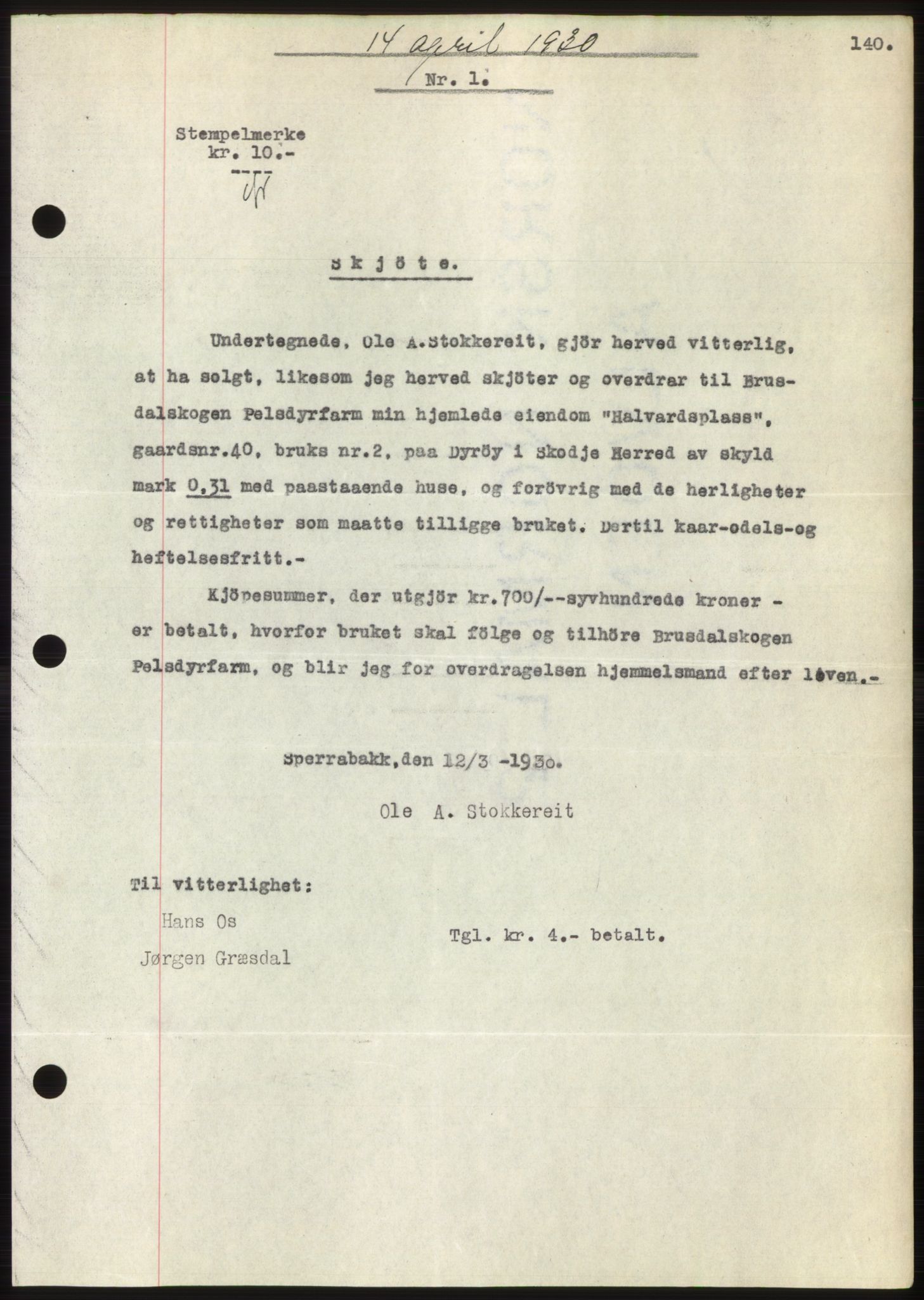 Nordre Sunnmøre sorenskriveri, SAT/A-0006/1/2/2C/2Ca/L0046: Pantebok nr. 46, 1930-1930, Tingl.dato: 14.04.1930