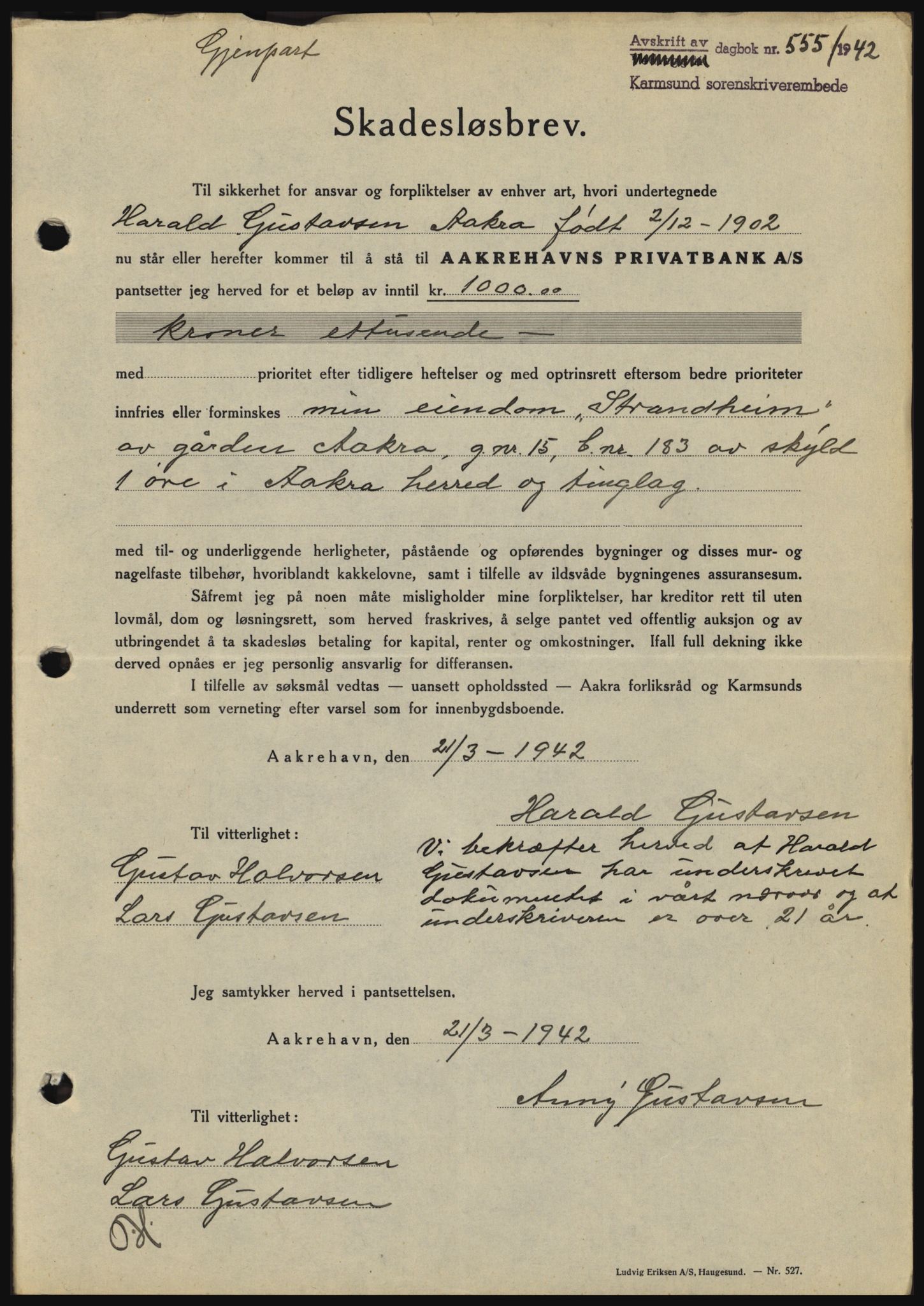 Karmsund sorenskriveri, SAST/A-100311/01/II/IIBBE/L0008: Pantebok nr. B 54, 1942-1943, Dagboknr: 555/1942