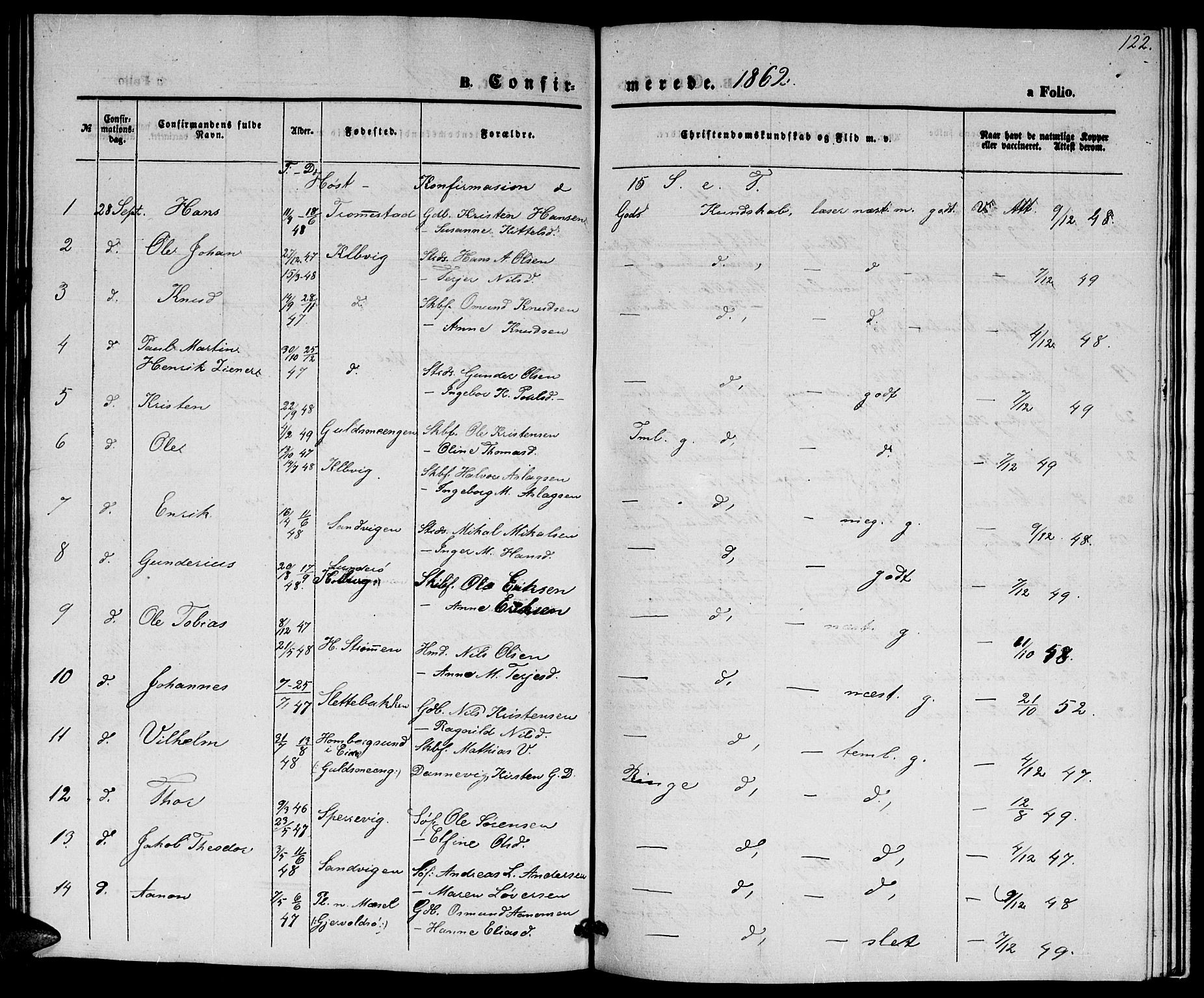 Hisøy sokneprestkontor, SAK/1111-0020/F/Fb/L0001: Klokkerbok nr. B 1, 1849-1872, s. 122