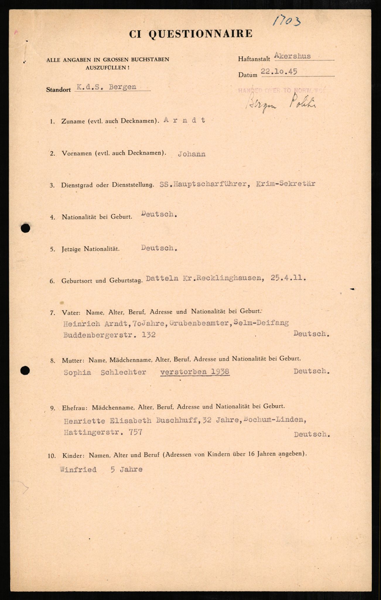 Forsvaret, Forsvarets overkommando II, AV/RA-RAFA-3915/D/Db/L0001: CI Questionaires. Tyske okkupasjonsstyrker i Norge. Tyskere., 1945-1946, s. 290