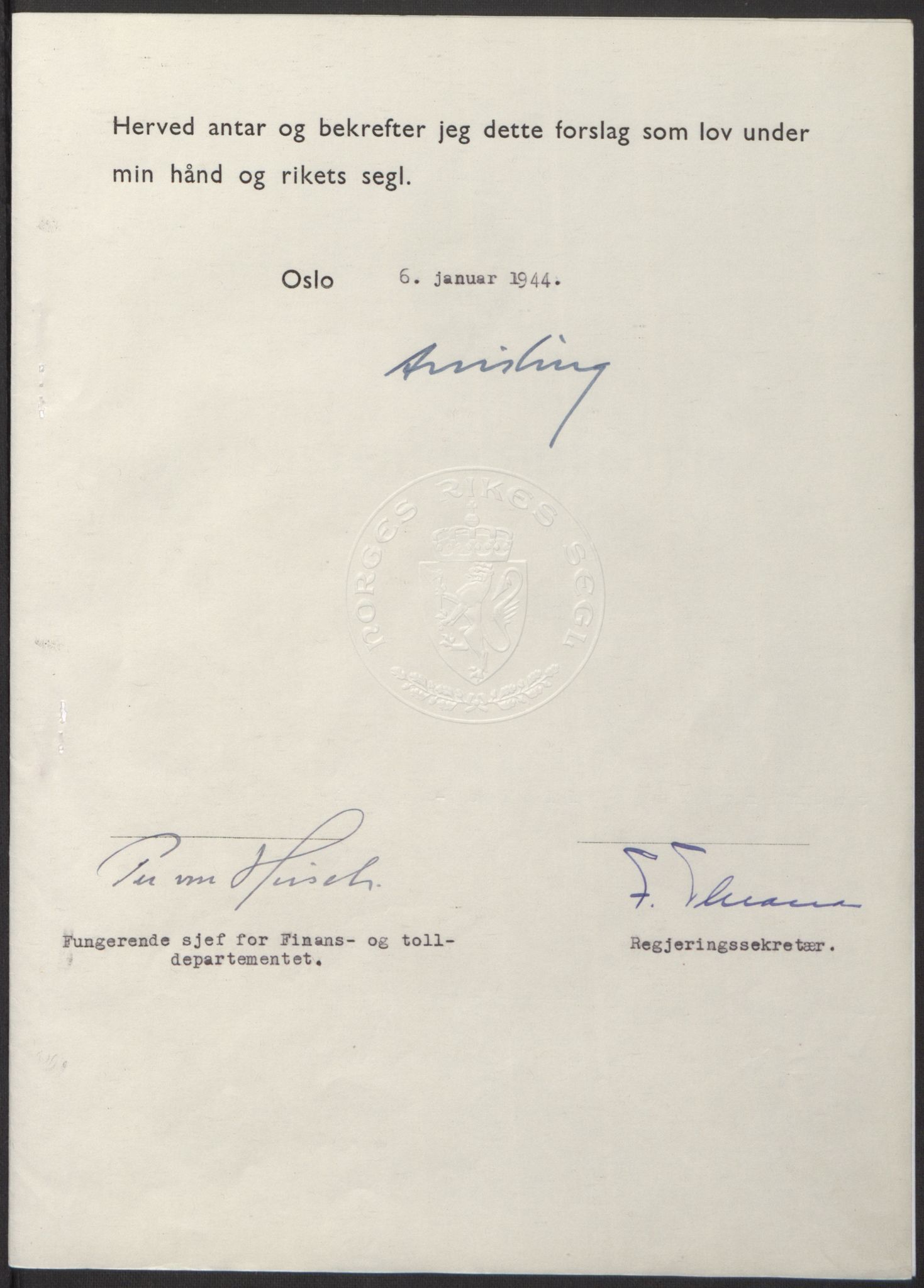 NS-administrasjonen 1940-1945 (Statsrådsekretariatet, de kommisariske statsråder mm), RA/S-4279/D/Db/L0100: Lover, 1944, s. 20