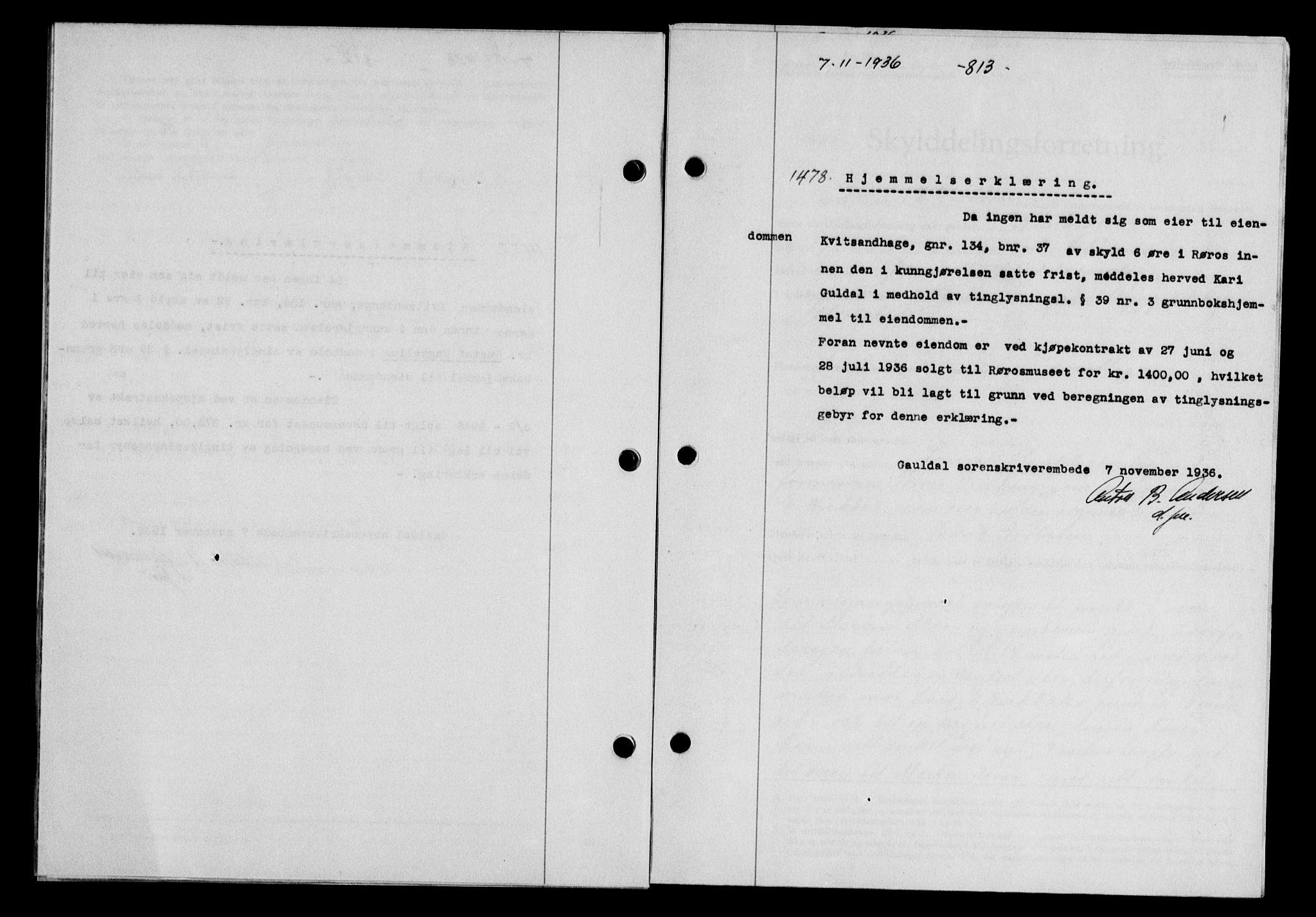 Gauldal sorenskriveri, SAT/A-0014/1/2/2C/L0046: Pantebok nr. 49-50, 1936-1937, Dagboknr: 1478/1936